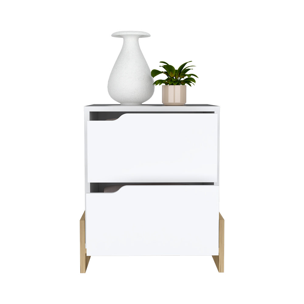 Nightstand Brookland, Bedside Table with Double Drawers and Sturdy Base, White / Macadamia Finish