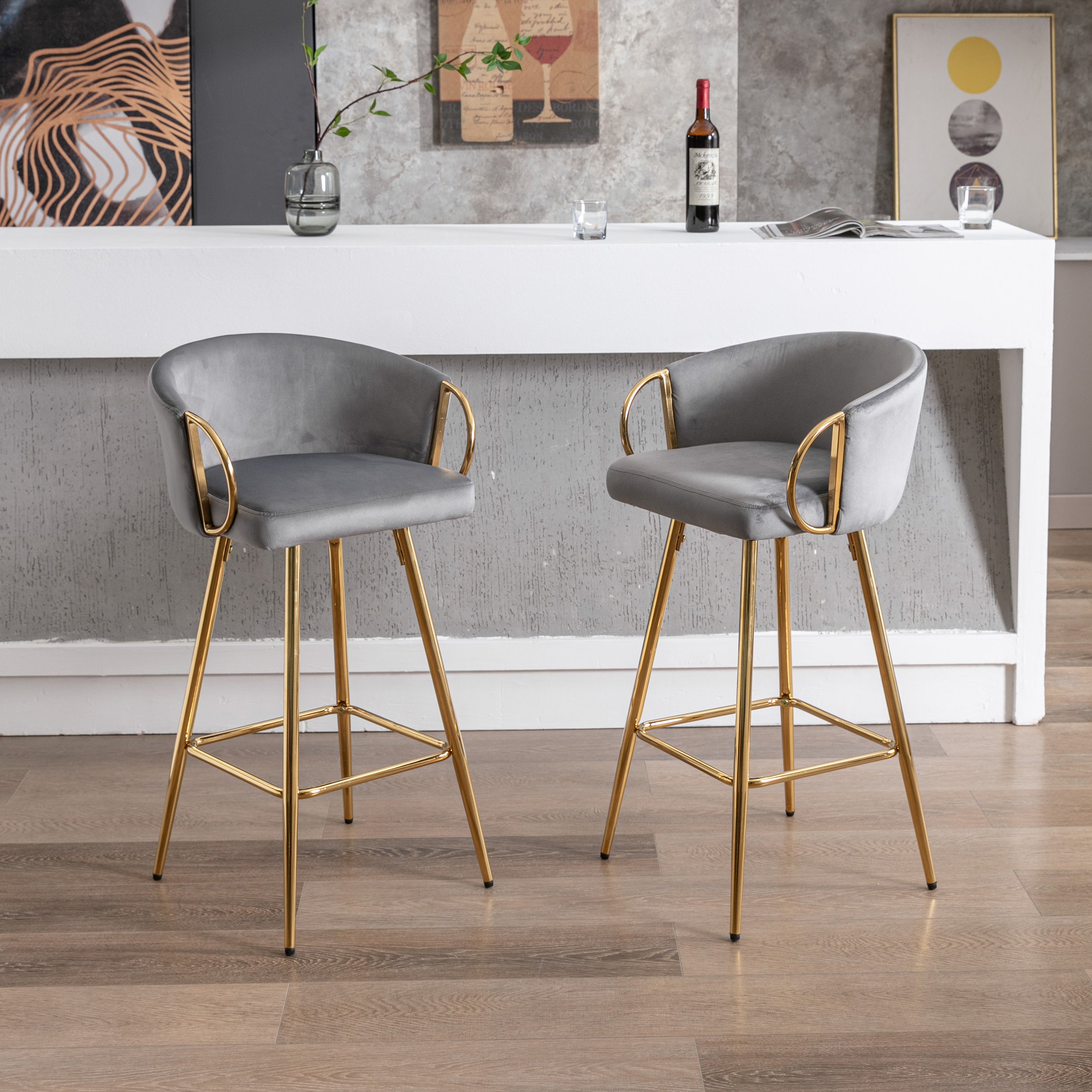 26 Inch Set of 2 Bar Stools,with Chrome Footrest and Base Velvet + Golden Leg Simple Bar Stool,GRAY