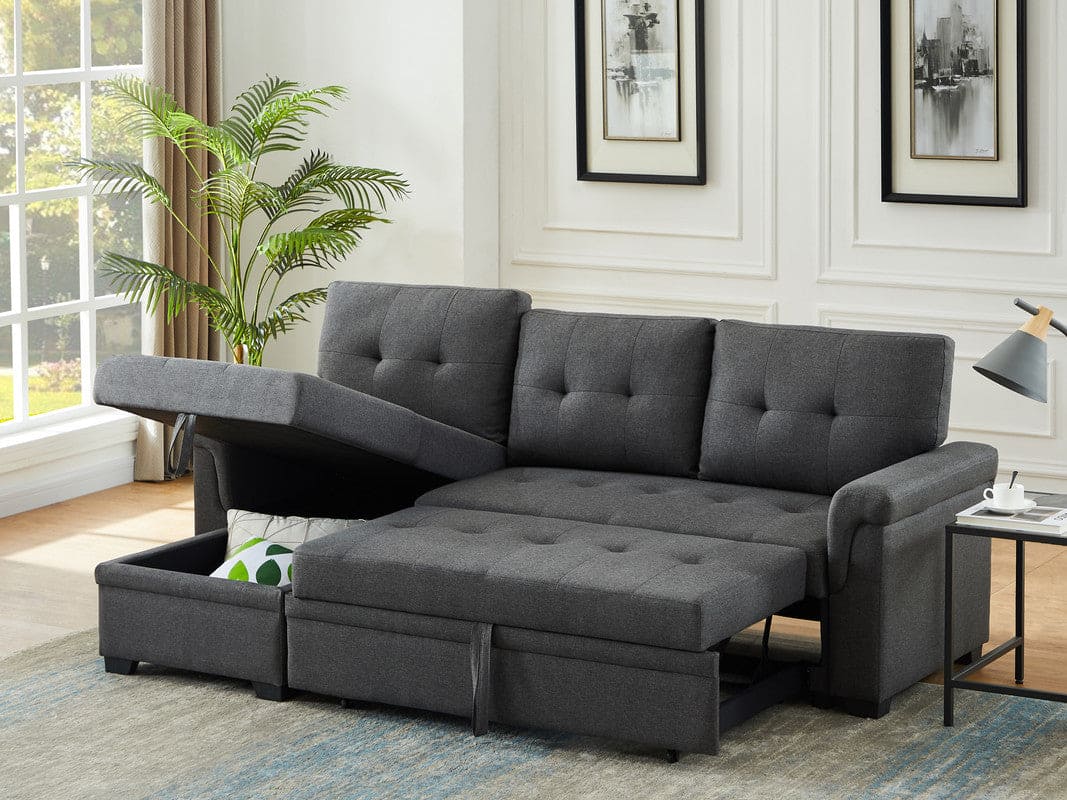 Sierra Dark Gray Linen Reversible Sleeper Sectional Sofa with Storage Chaise