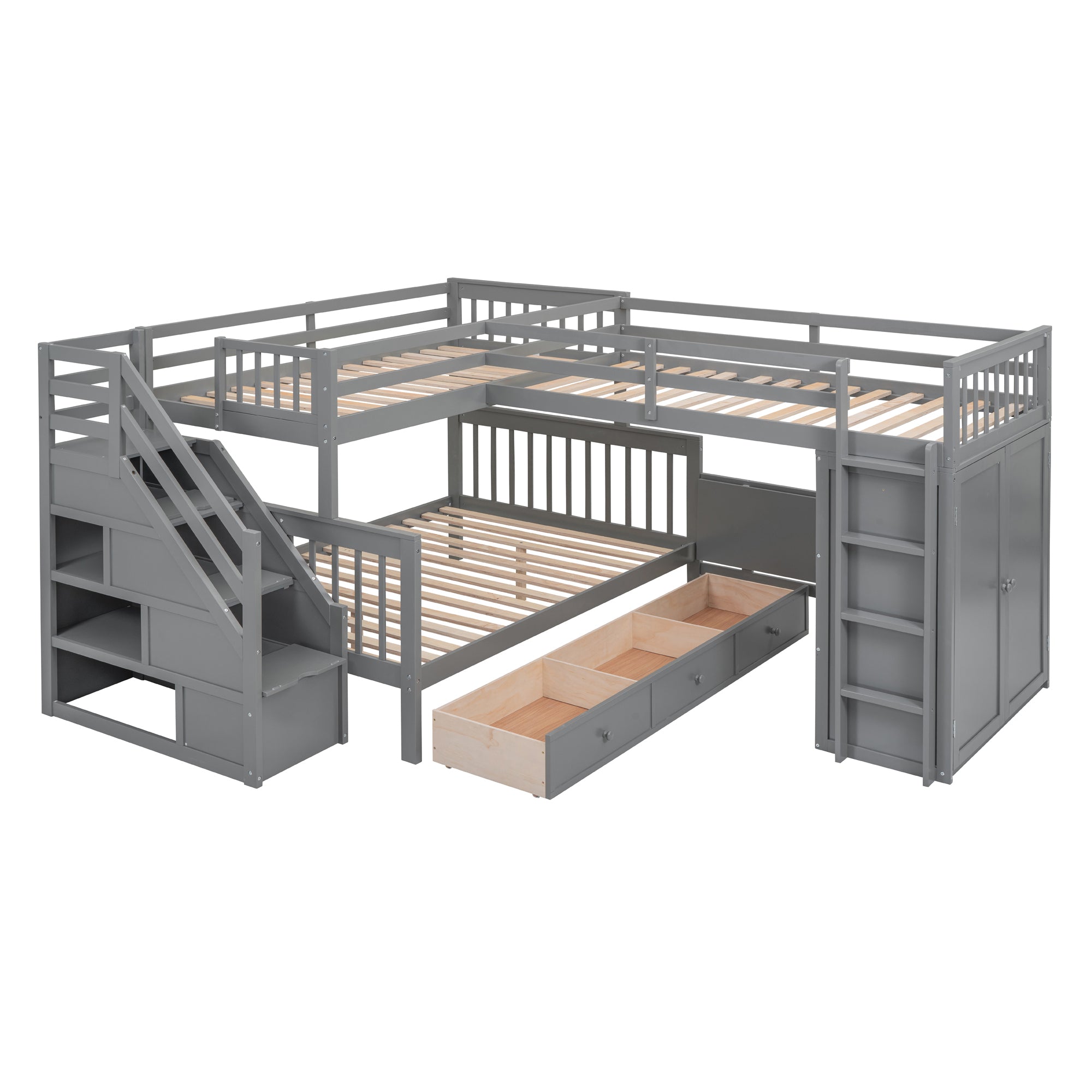 Twin-Twin over Full L-Shaped Bunk Bed With 3 Drawers, Portable Desk and Wardrobe, Gray