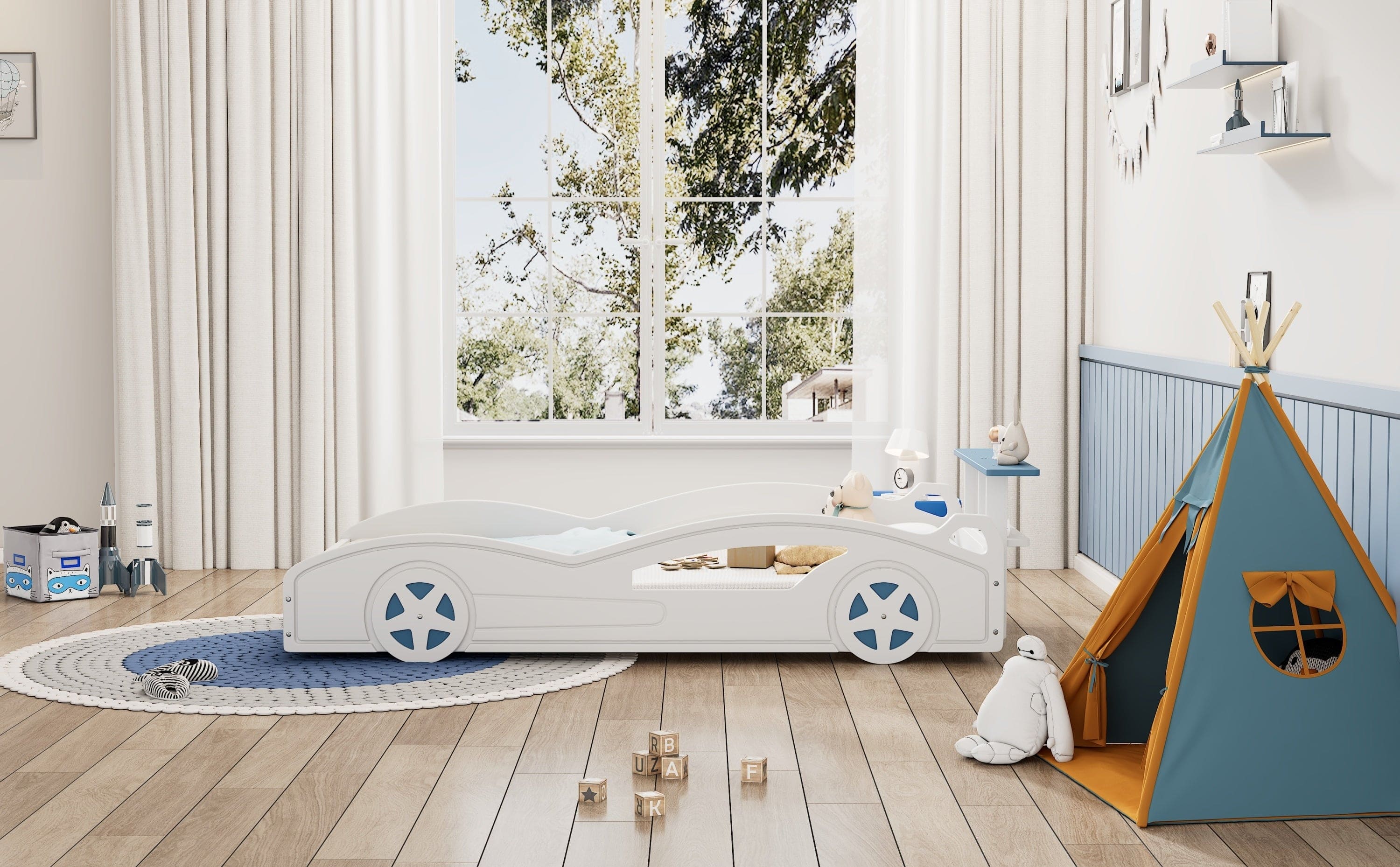 Wooden Race Car Bed,Car-Shaped Platform Twin Bed with Wheels For Teens,White & Blue