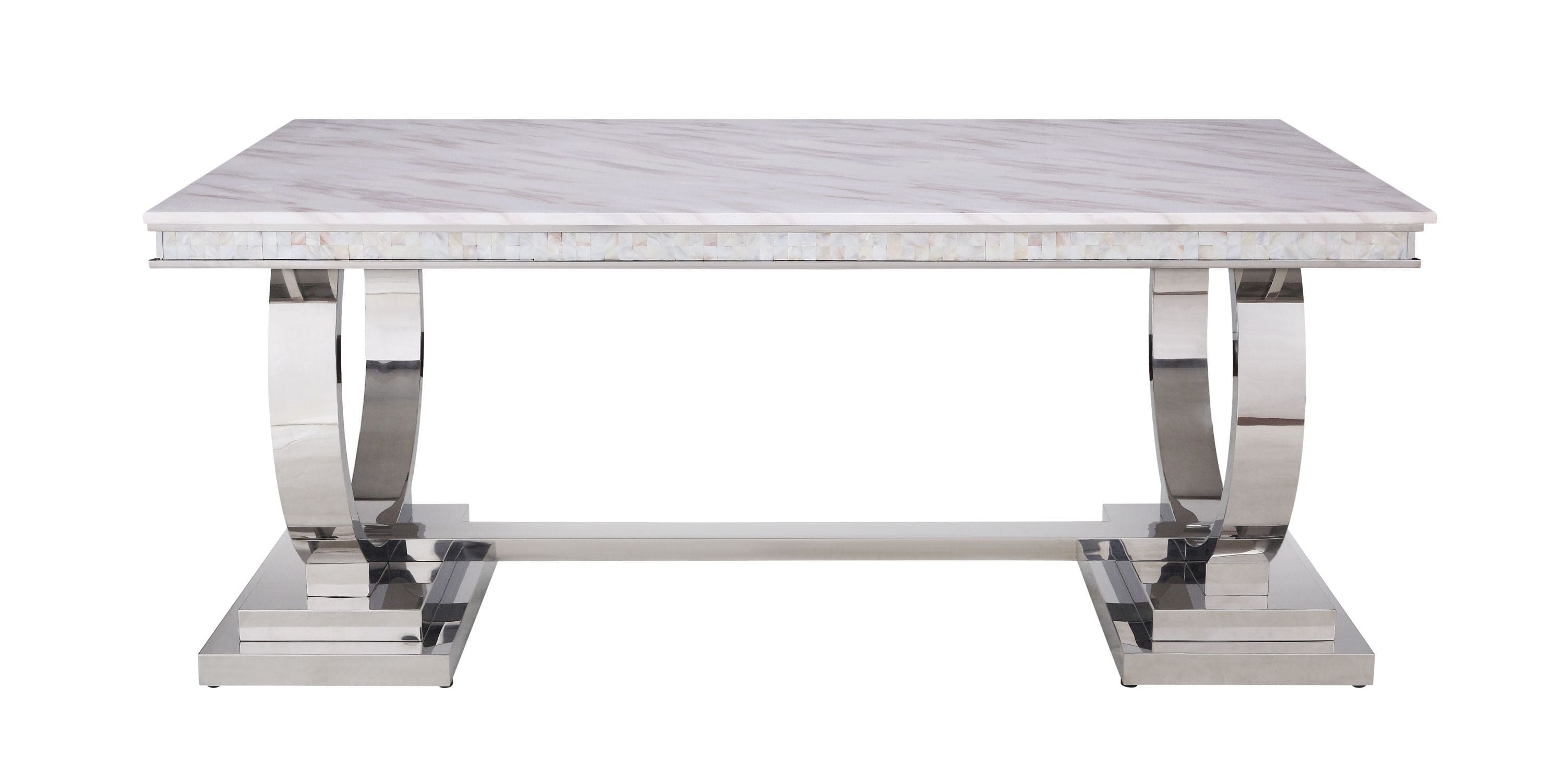 ACME Zander Dining Table, White Printed Faux Marble & Mirrored Silver Finish 68250