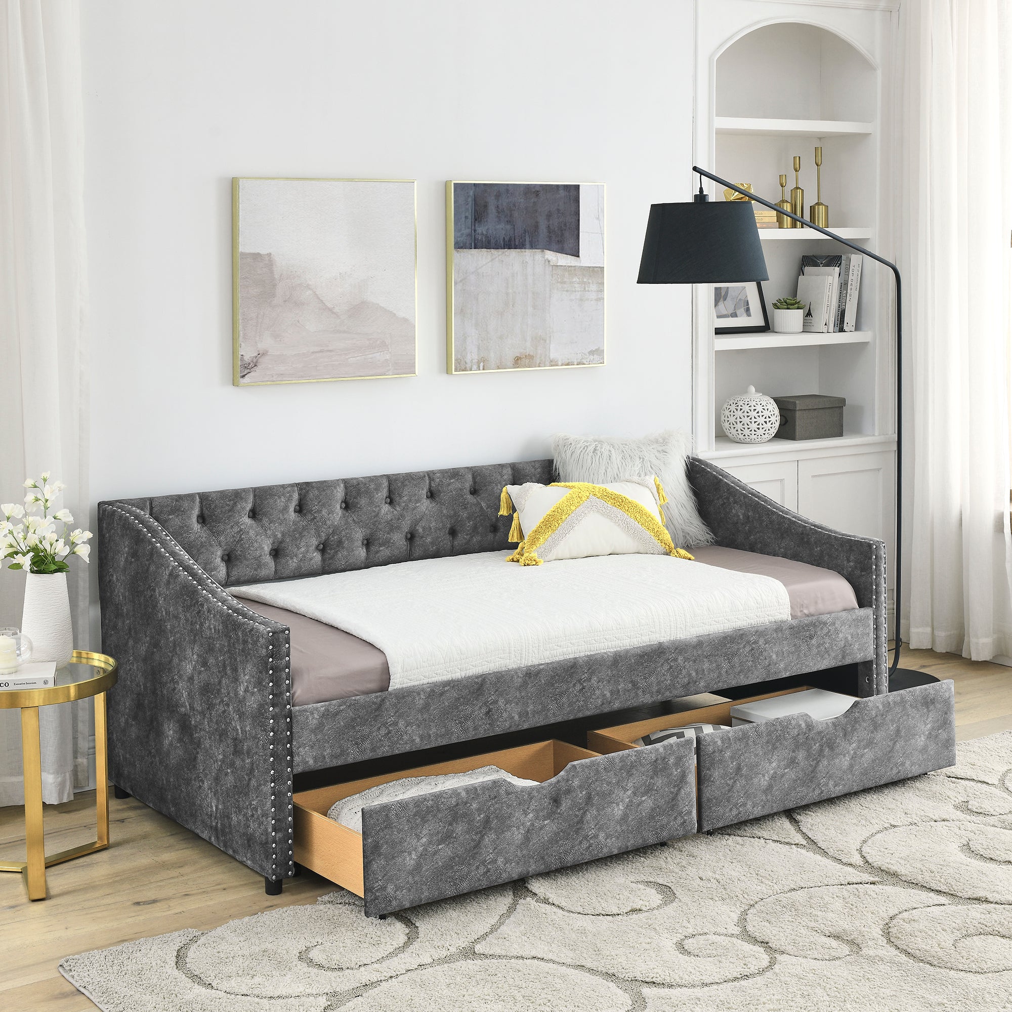 Twin Size Daybed with Drawers Upholstered Tufted Sofa Bed, with Button on Back and Copper Nail on Waved Shape Arms, Grey  (81.5''x4''x30.5'')