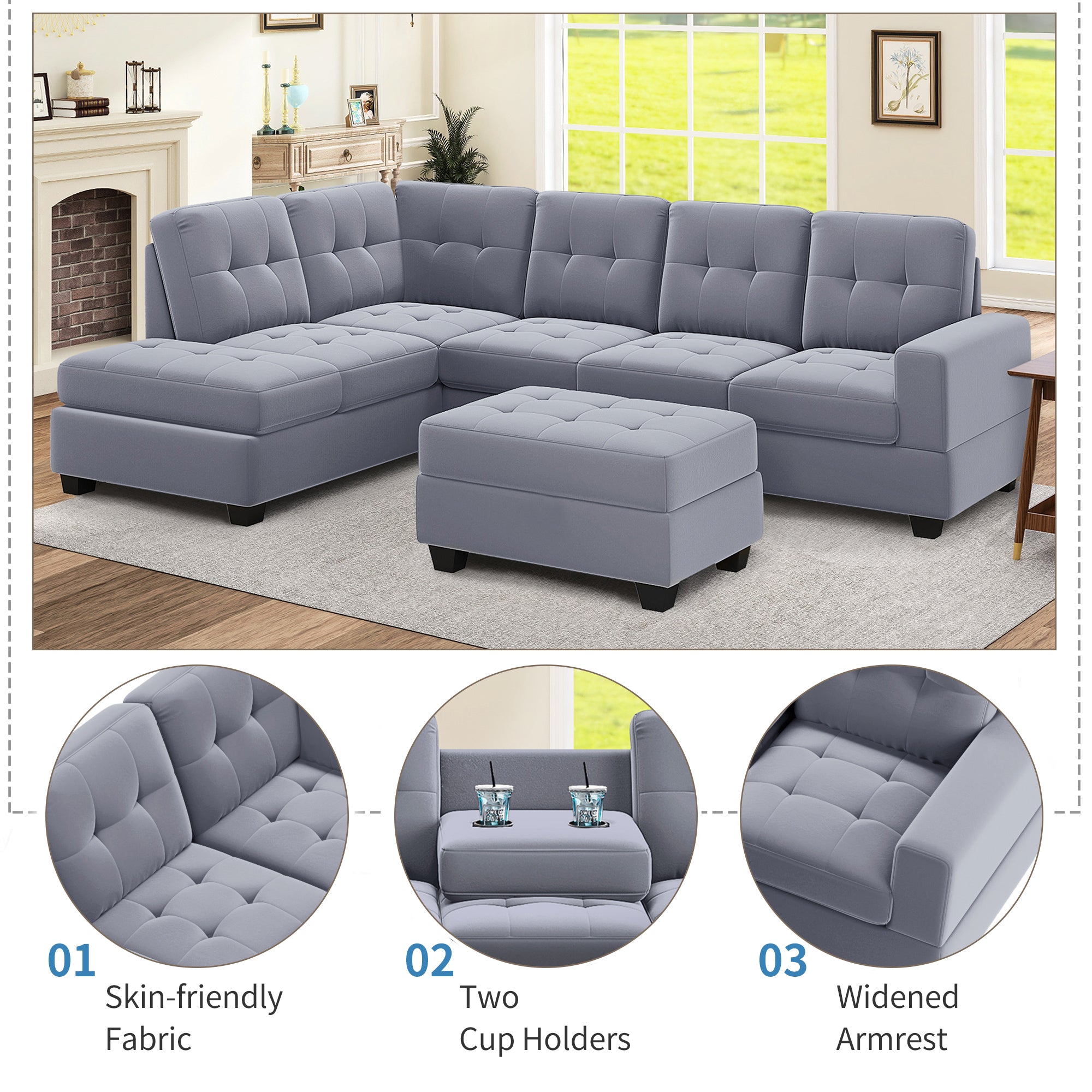 Orisfur. Modern Sectional Sofa with Reversible Chaise, L Shaped Couch Set with Storage Ottoman and Two Cup Holders for Living Room