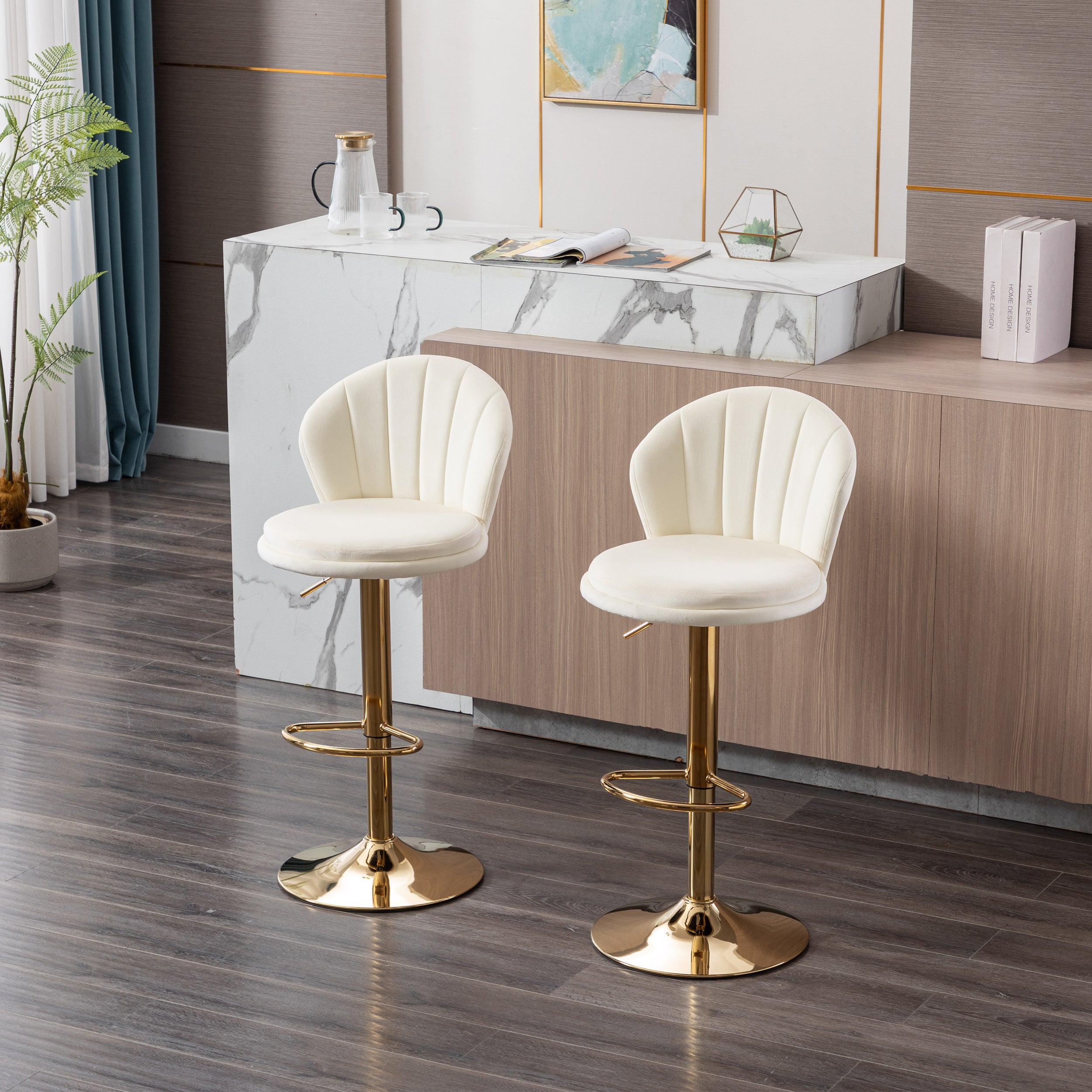 Set of 2  Bar Stools,with Chrome Footrest and Base Swivel Height Adjustable Mechanical Lifting Velvet + Golden Leg Simple Bar Stool-Cream