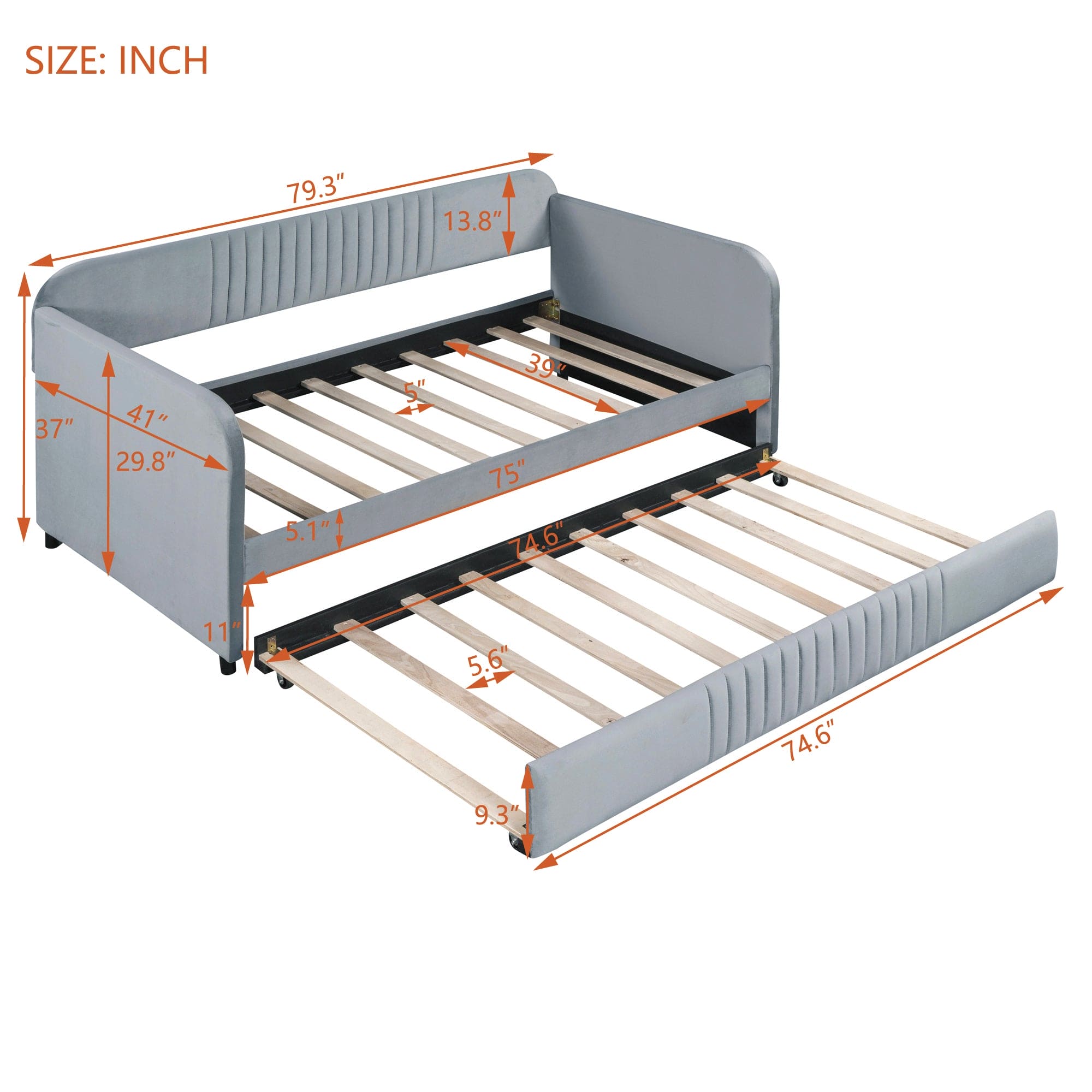 Upholstered Daybed Sofa Bed Twin Size With Trundle Bed and Wood Slat, Gray