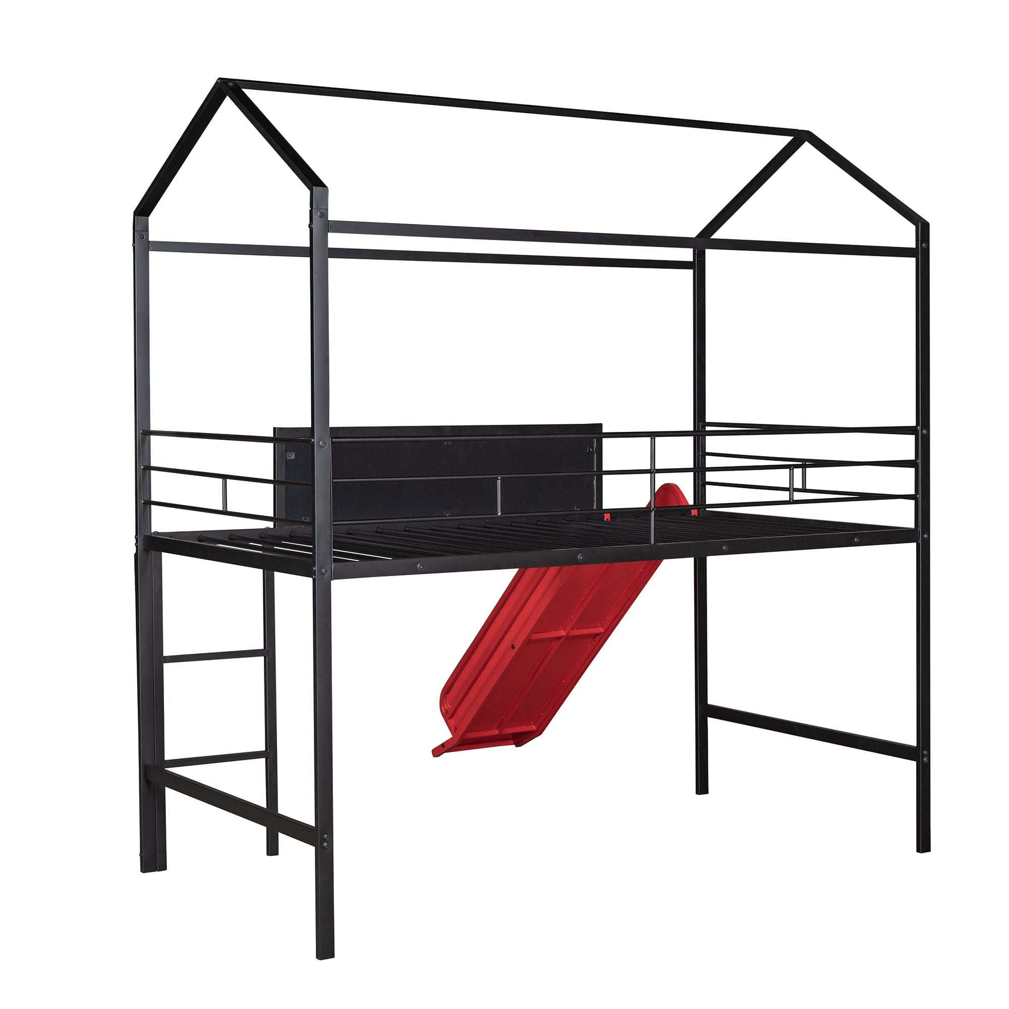 Metal House Bed With Slide, Twin Size Metal Loft Bed with Two-sided writable Wooden Board (Black and Red)