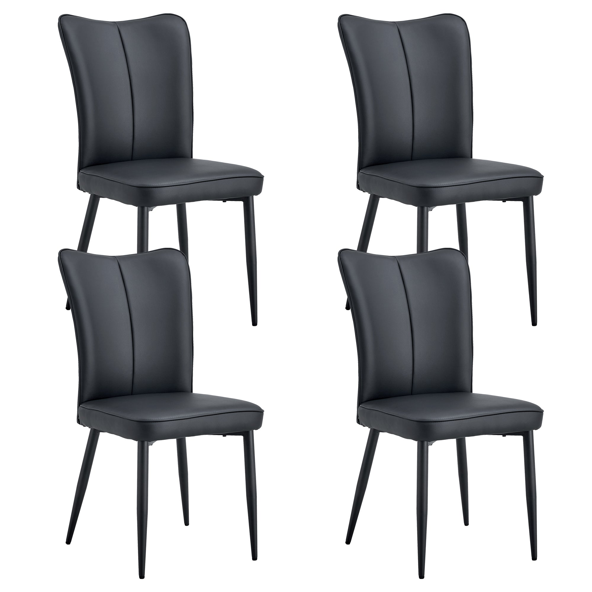 Modern minimalist dining chairs, black PU leather curved backrest and seat cushions, black metal chair legs, suitable for restaurants, bedrooms, and living rooms. A set of four chairs. 008