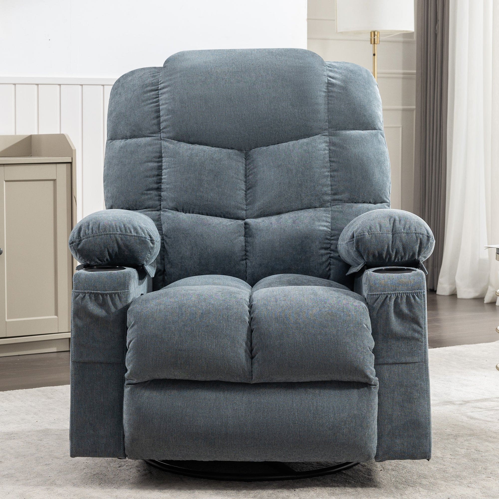 Massage Rocker Recliner Chair Rocking Chairs for Adults Oversized with 2 Cup Holders, USB Charge Port Soft Features a Manual Massage and Heat.A+B BLUE