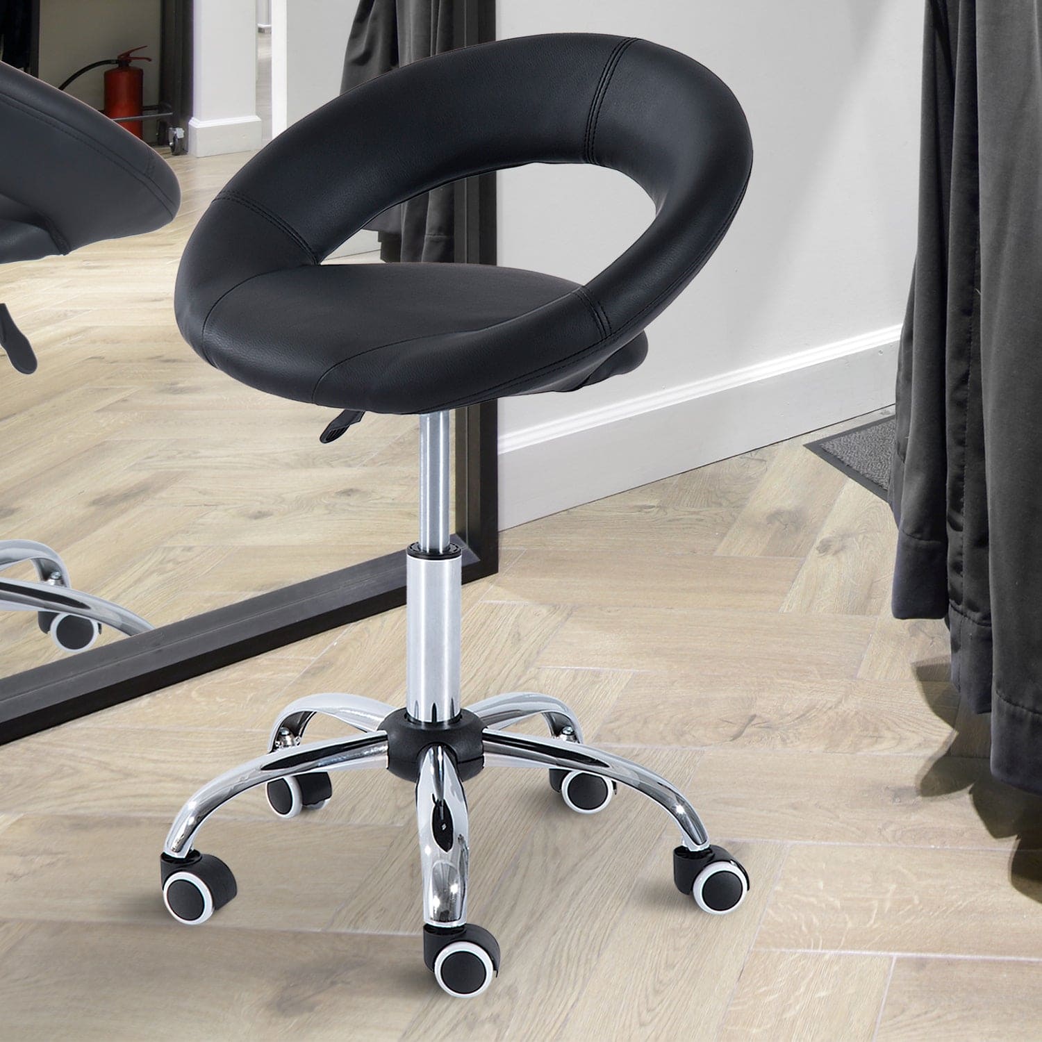 HOMCOM Crescent Rolling Salon Stool with Adjustable Height, Breathable Open Back, Foam Cushion Seat, and 5 Caster Wheels, Black