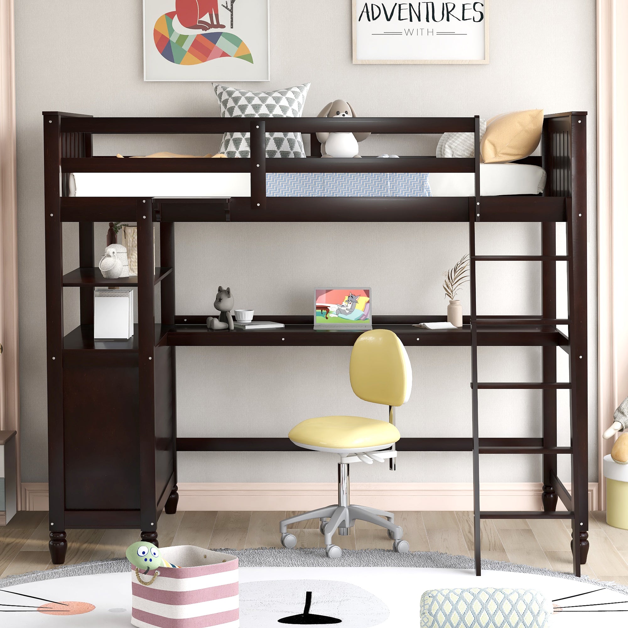 Twin size Loft Bed with Drawers and Desk, Wooden Loft Bed with Shelves - Espresso(OLD SKU: LT001530AAP)