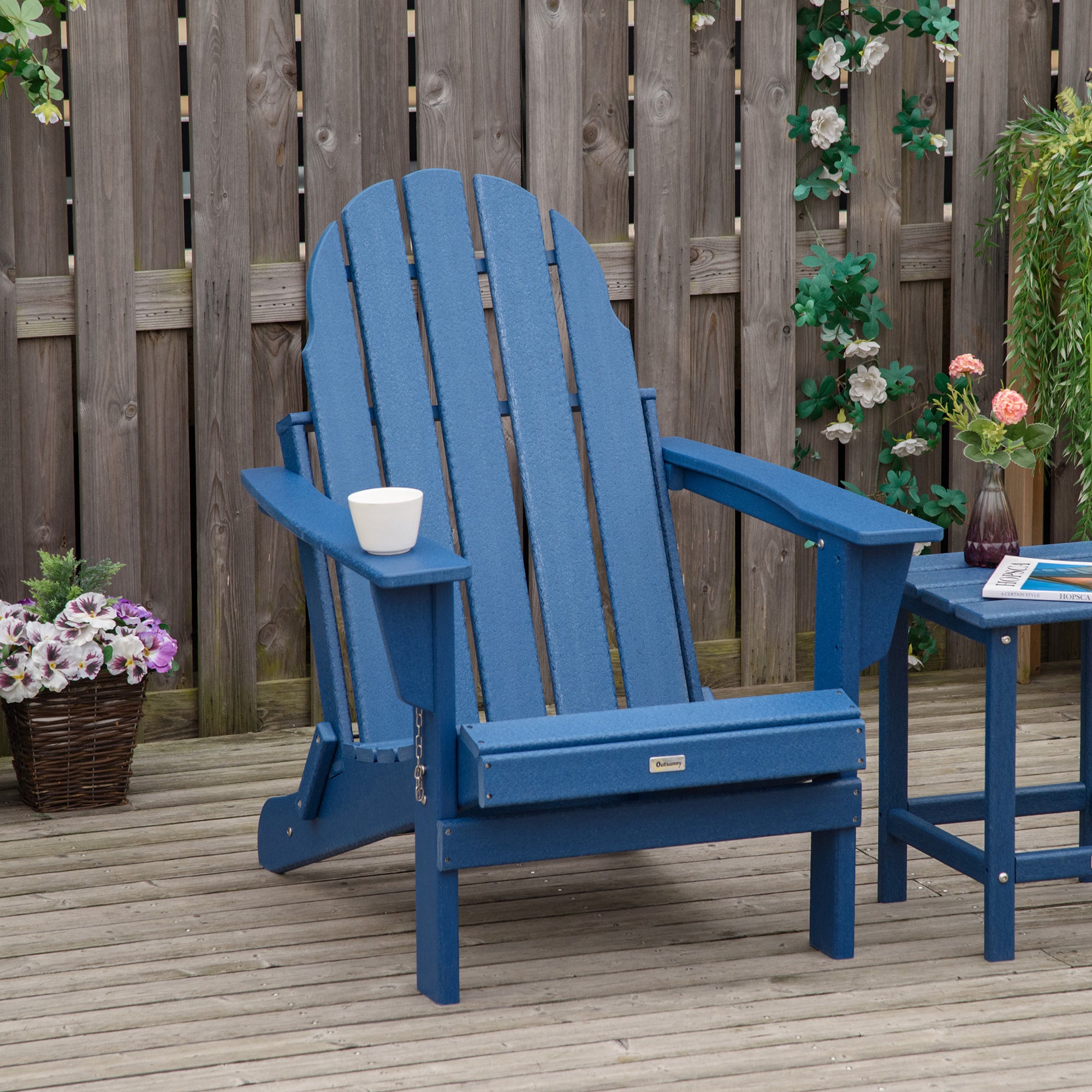 Outsunny Folding Adirondack Chair, Faux Wood Patio & Fire Pit Chair, Weather Resistant HDPE for Deck, Outside Garden, Porch, Backyard, Blue