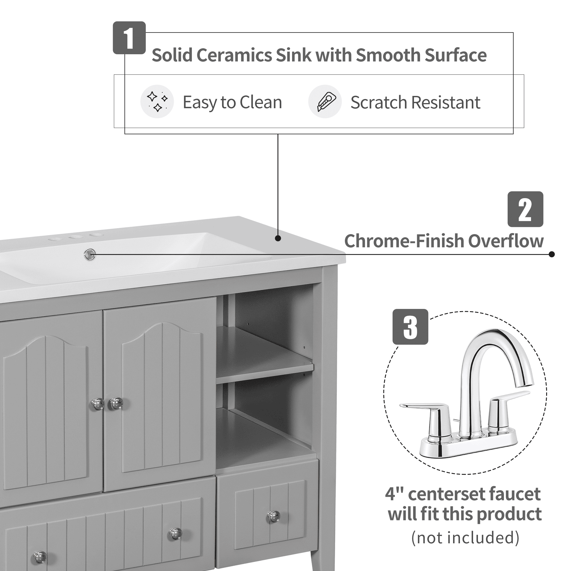 [VIDEO] 36" Bathroom Vanity with Ceramic Basin, Bathroom Storage Cabinet with Two Doors and Drawers, Solid Frame, Metal Handles, Grey (OLD SKU: JL000003AAE)