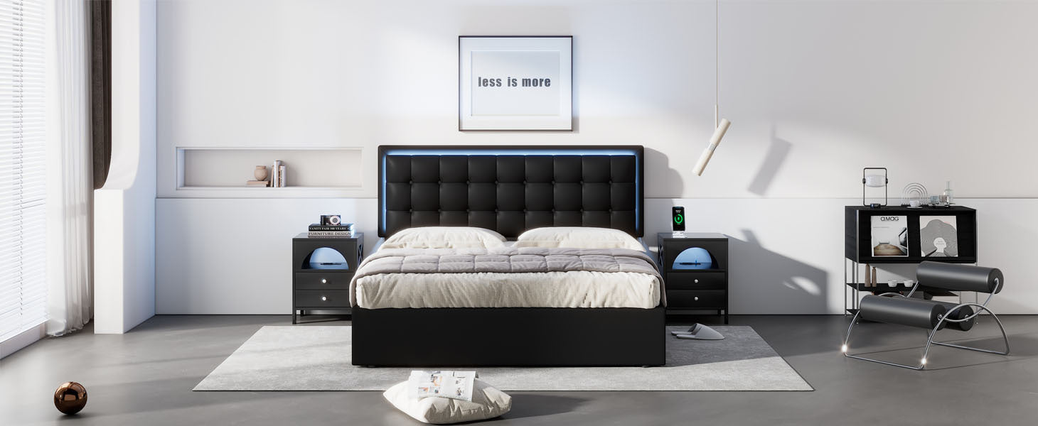 Queen Size Tufted Upholstered Platform Bed with Hydraulic Storage System,PU Storage Bed with LED Lights,Black