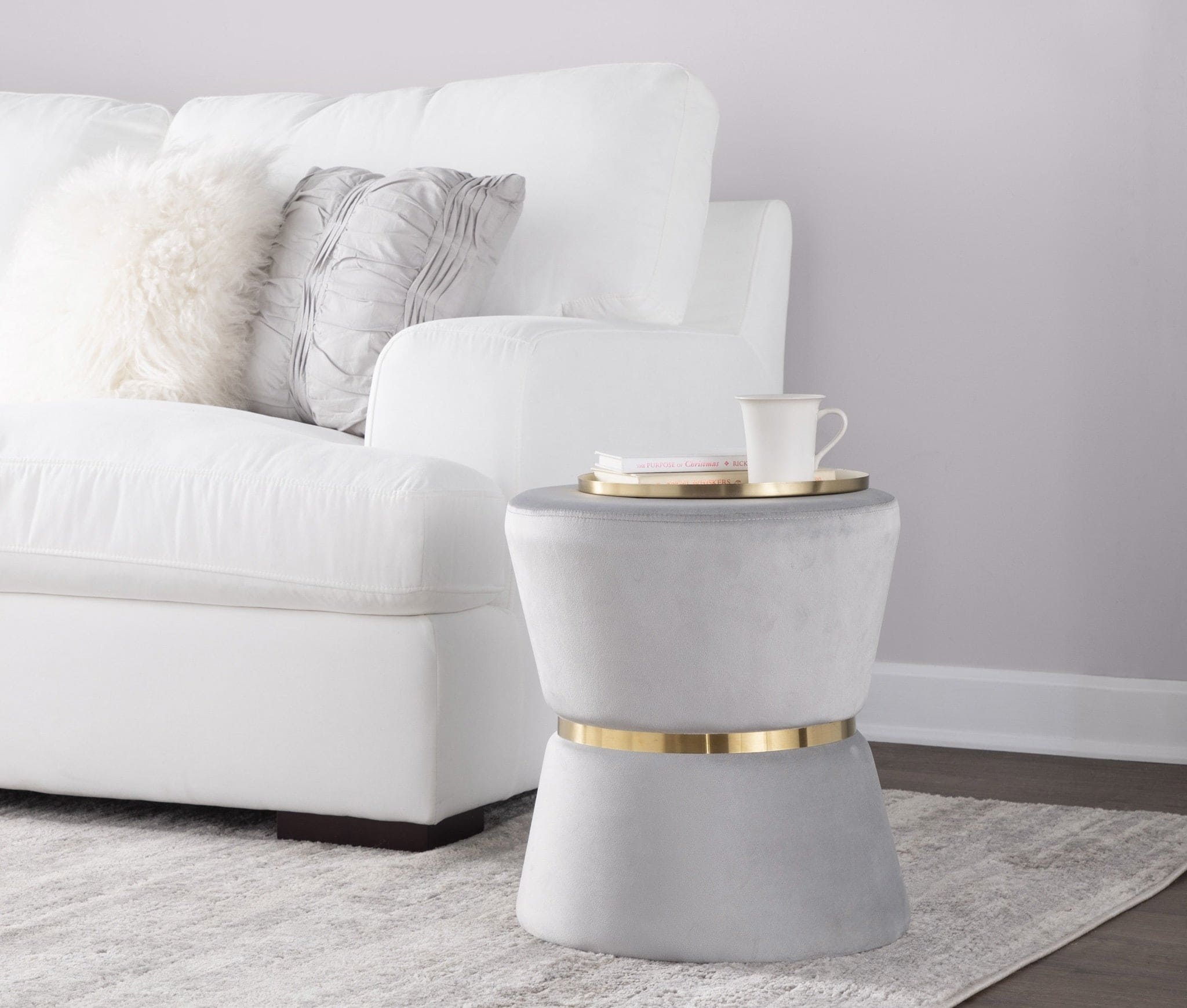 Gemma Contemporary/Glam Ottoman in Silver Velvet and Gold Metal by LumiSource