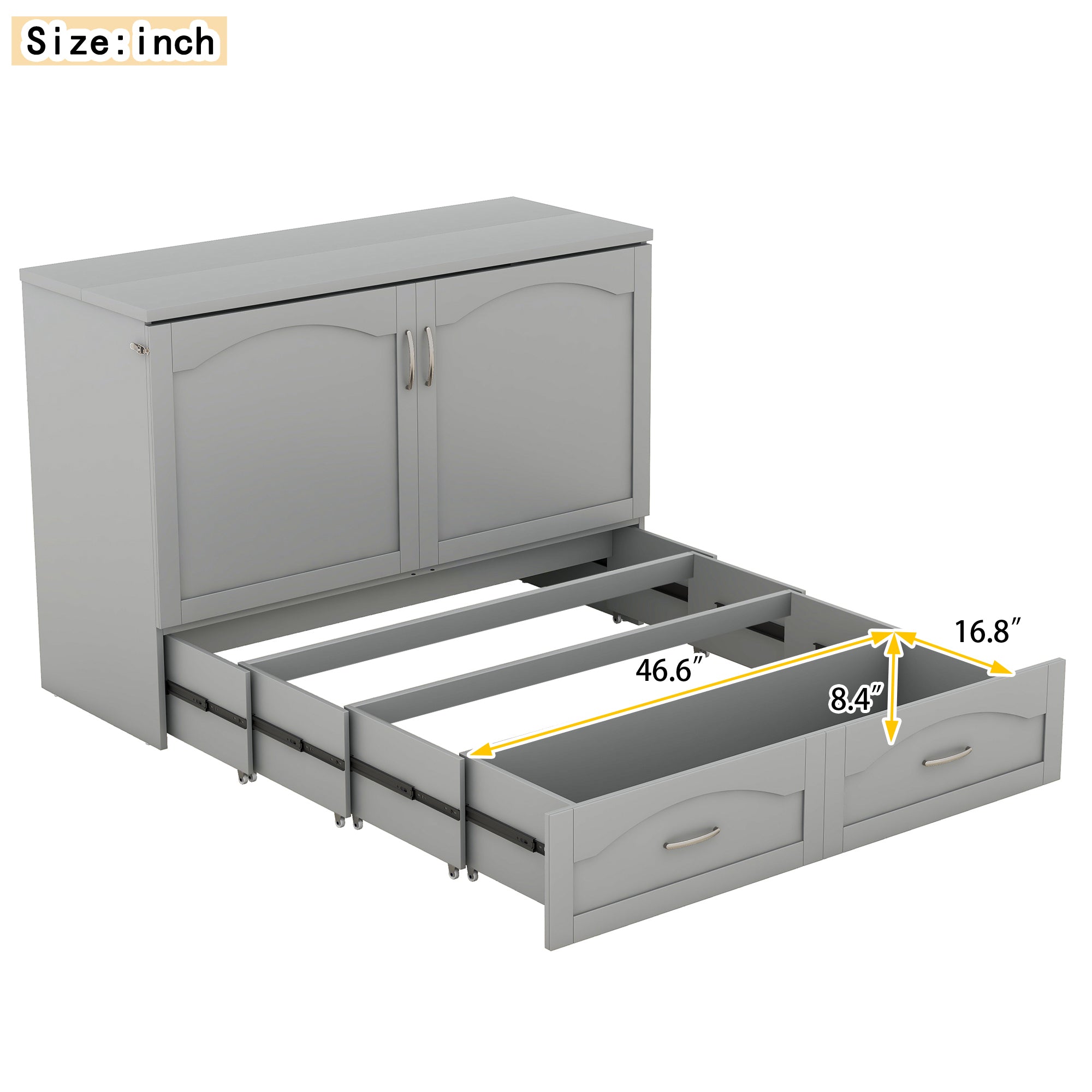 Full Size Murphy Bed Wall Bed with drawer and a set of Sockets & USB Ports, Pulley Structure Design, Gray