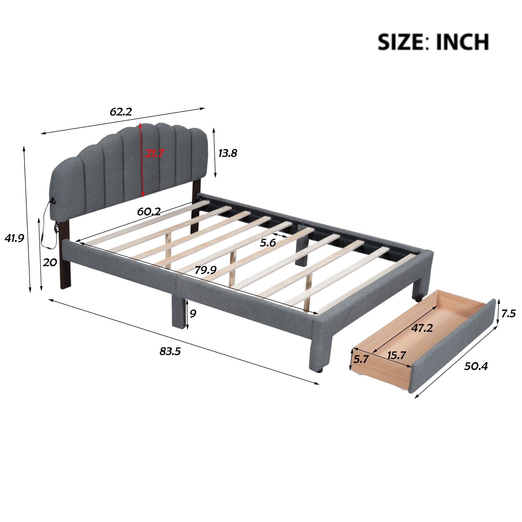 Teddy Fleece Queen Size Upholstered Platform Bed with Drawer, Gray