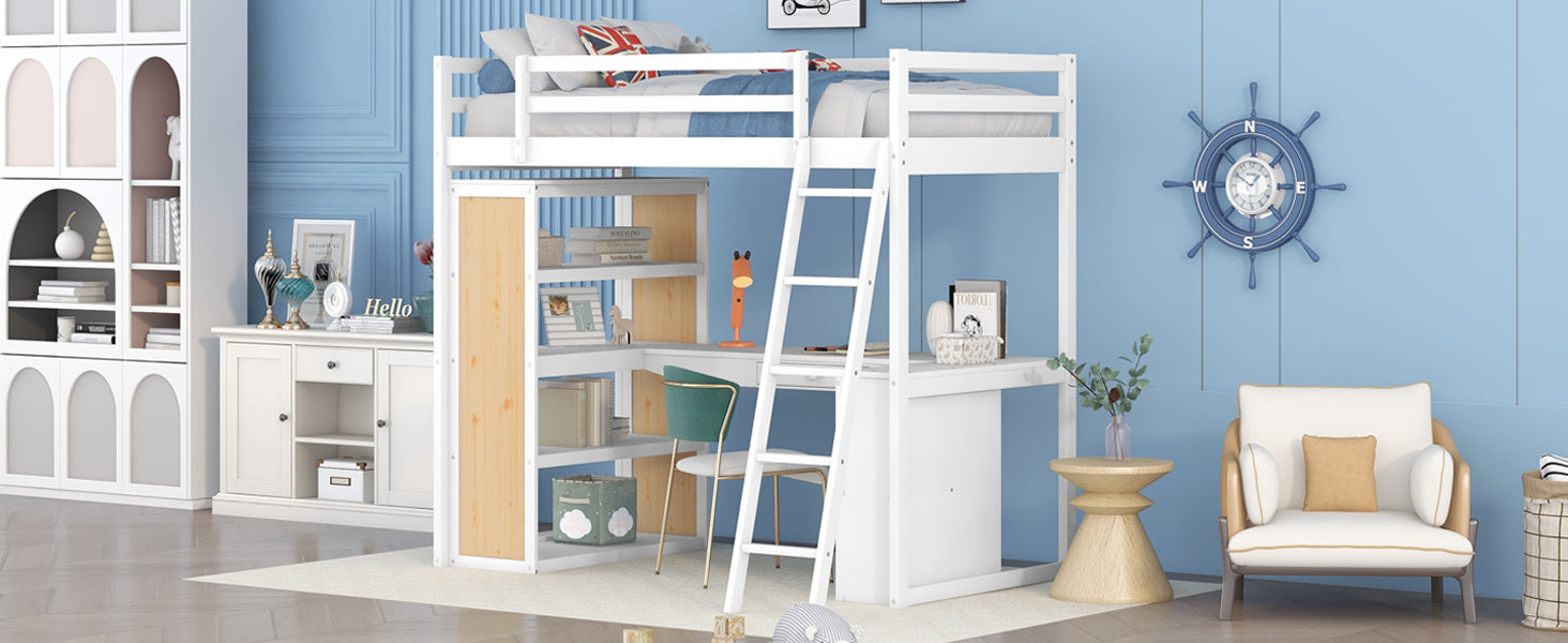 Twin Size Loft Bed with Ladder, Shelves, and Desk, White(OLD SKU:LT100225AAK)