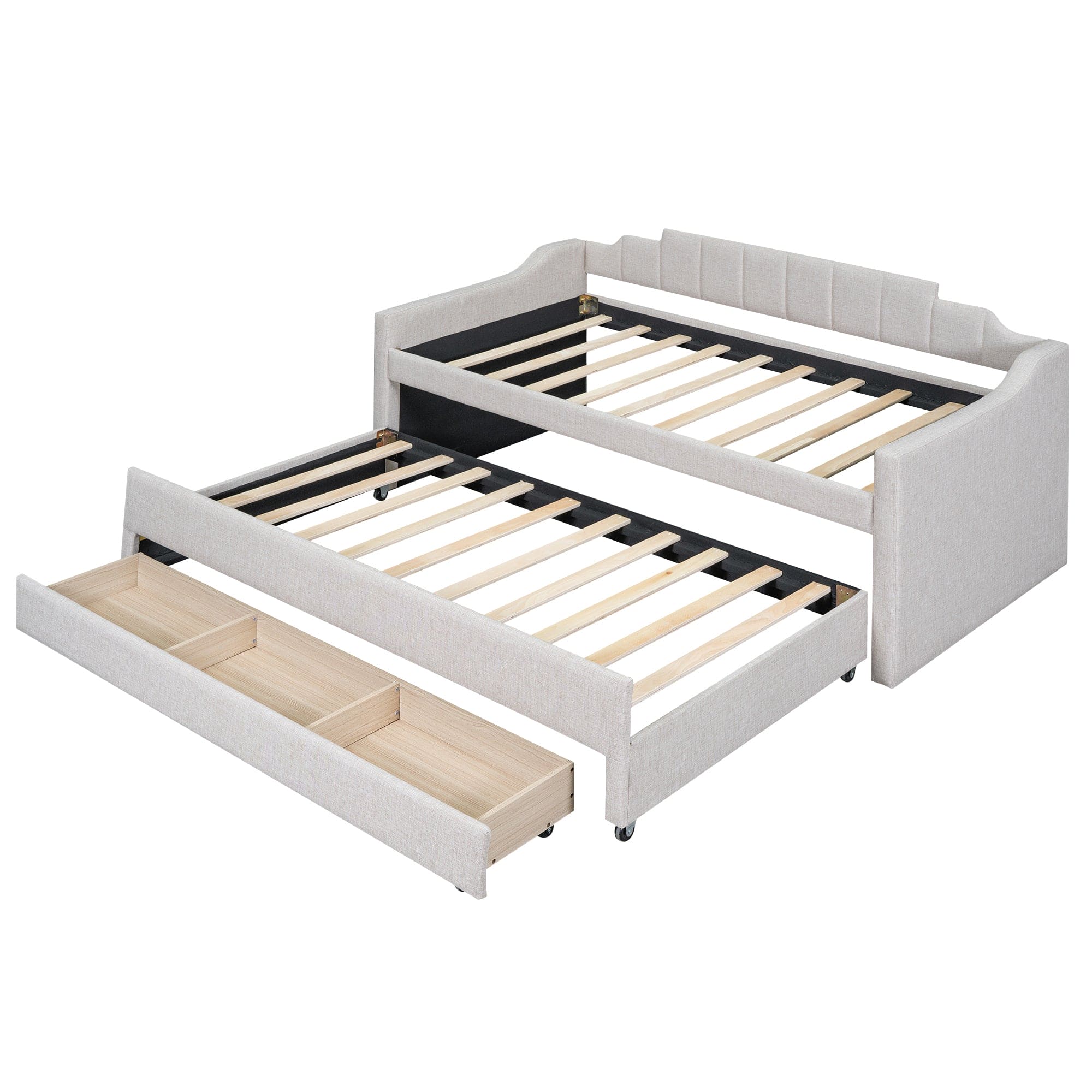 Twin Size Upholstered Daybed with Trundle and Three Drawers,Beige