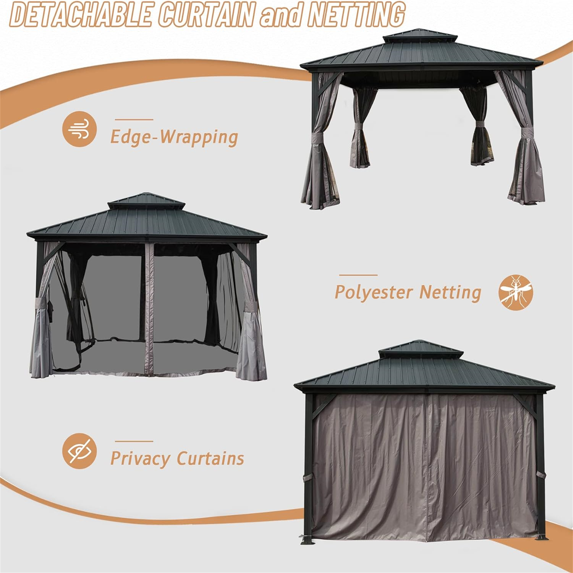 12' X 12' Hardtop Gazebo, Aluminum Metal Gazebo with Galvanized Steel Double Roof Canopy, Curtain and Netting, Permanent Gazebo Pavilion for Patio, Backyard, Deck, Lawn