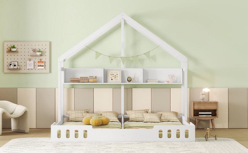 Wood Twin Size House Platform Beds,Two Shared Beds with Shelves and Guardrail, Creamy White