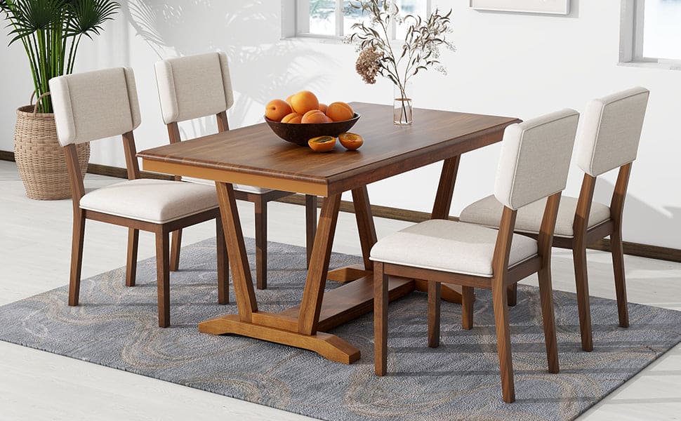 TOPMAX Rustic 5-piece Dining Table Set with 4 Upholstered Chairs, 59-inch Rectangular Dining Table with Trestle Table Base, Walnut