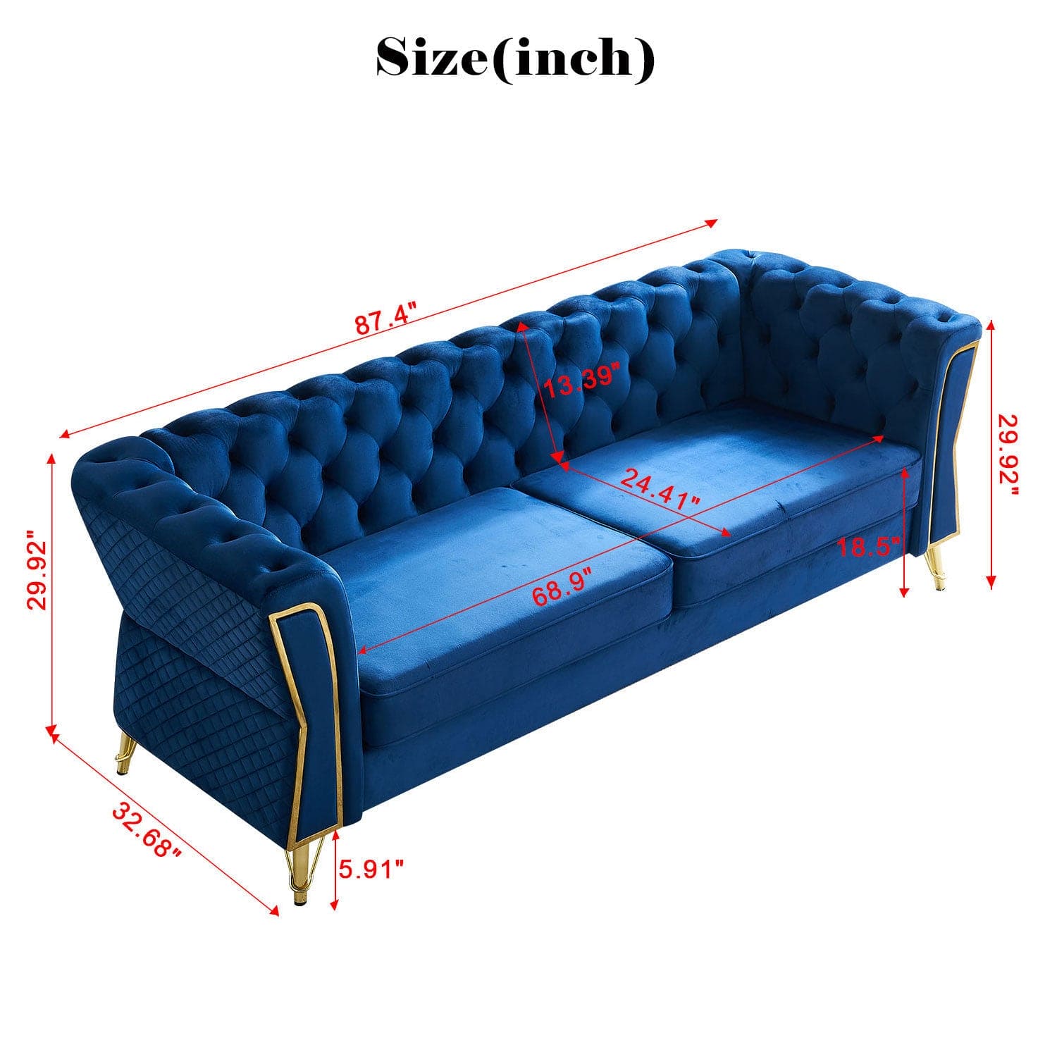 Modern Tufted Velvet Sofa 87.4 inch for Living Room Blue Color