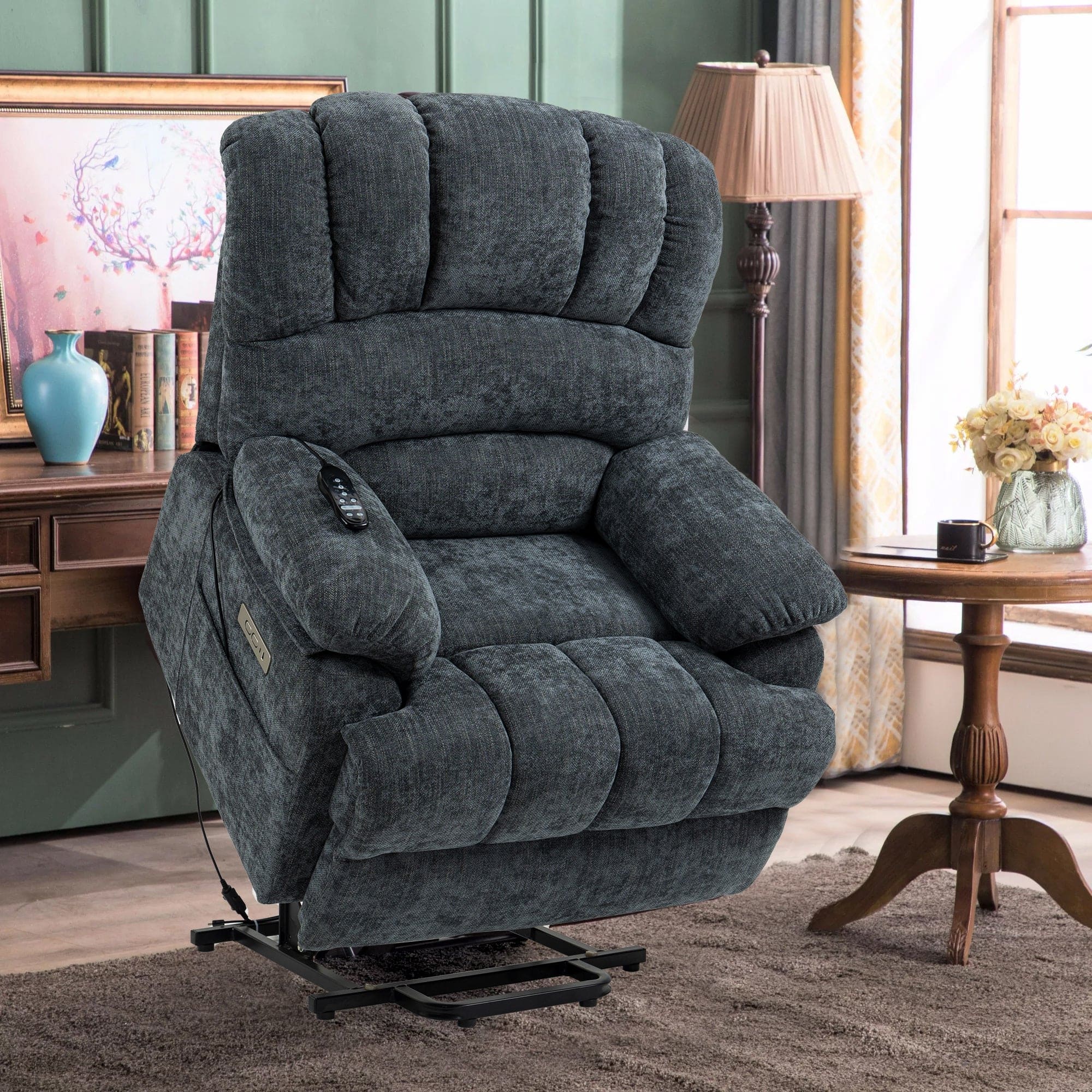 23" Seat Width and High Back Medium Size Blue Chenille Power Lift Recliner Chair with 8-Point Vibration Massage and Lumbar Heating