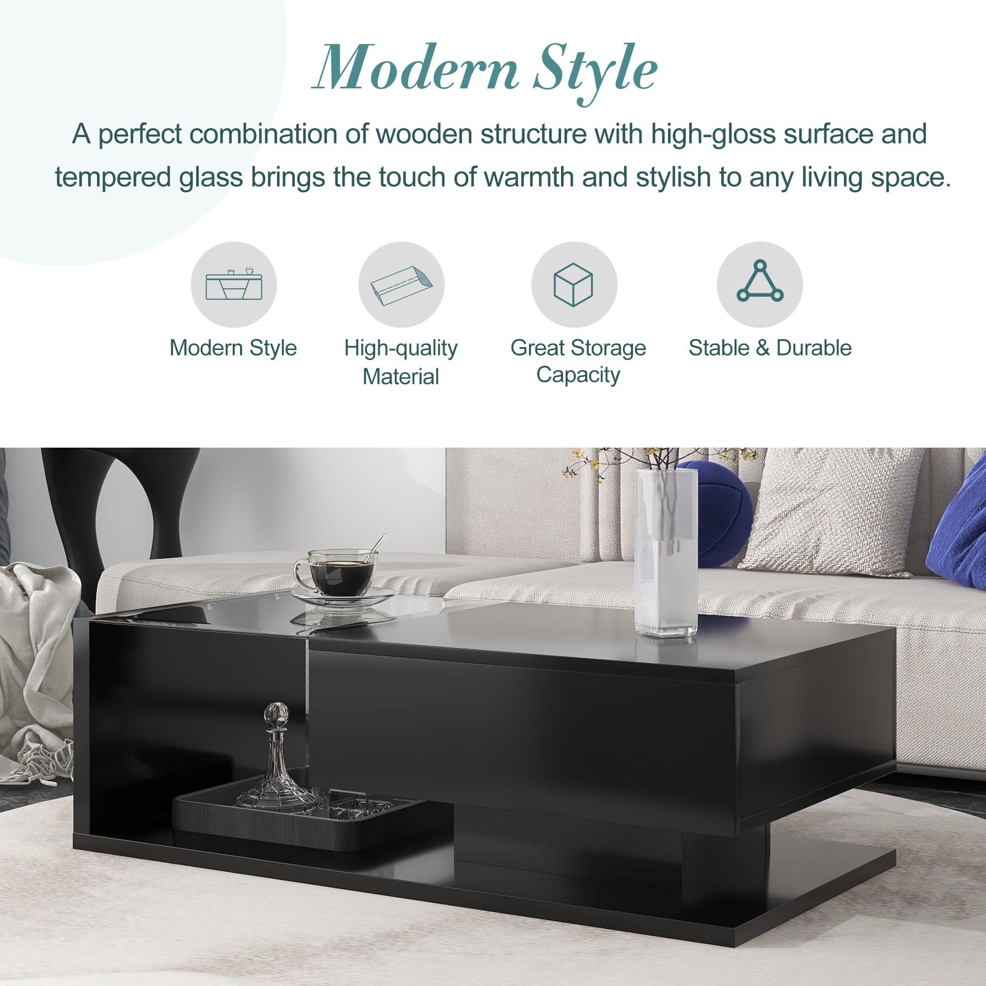 ON-TREND Modern Coffee Table with Tempered Glass, Wooden Cocktail Table with High-gloss UV Surface, Modernist 2-Tier Rectangle Center Table for Living Room, Black