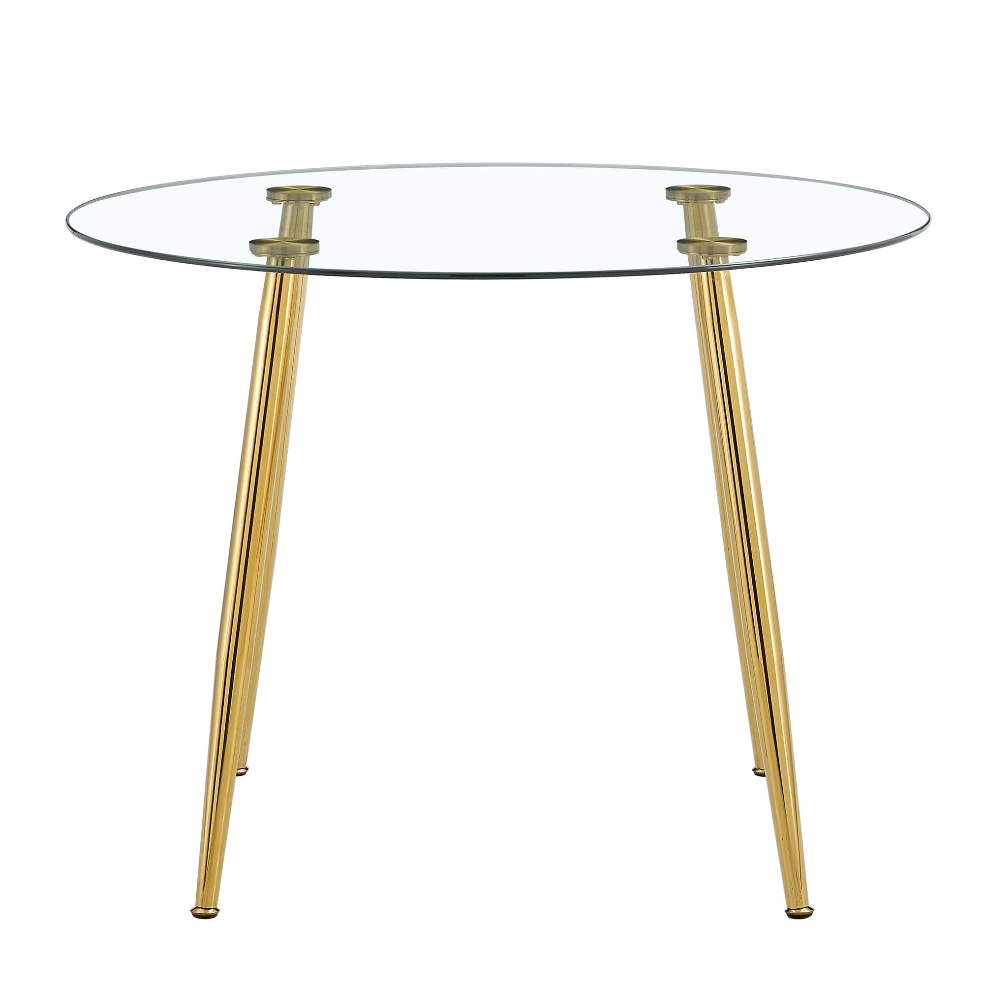 A glass tabletop with a diameter of 40 inches and a modern minimalist circular dining table with gold plated metal legs. 40 '* 40' * 30 ' DT-1164