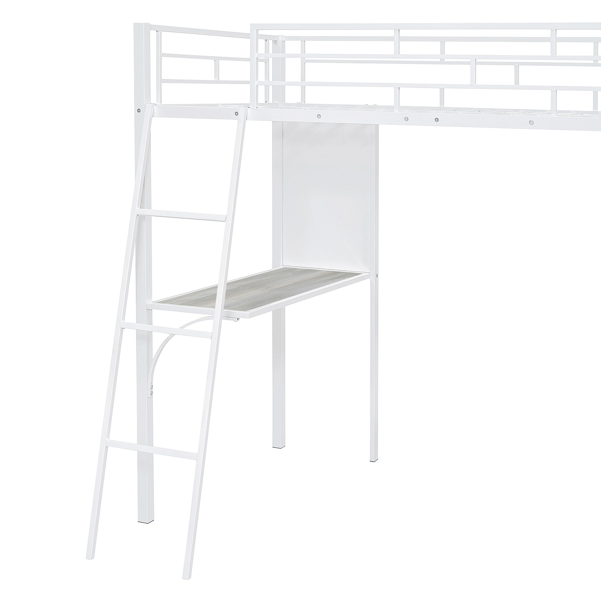 Twin Size Loft Metal Bed with 3 Layers of Shelves and Desk, Stylish Metal Frame Bed with Whiteboard, White