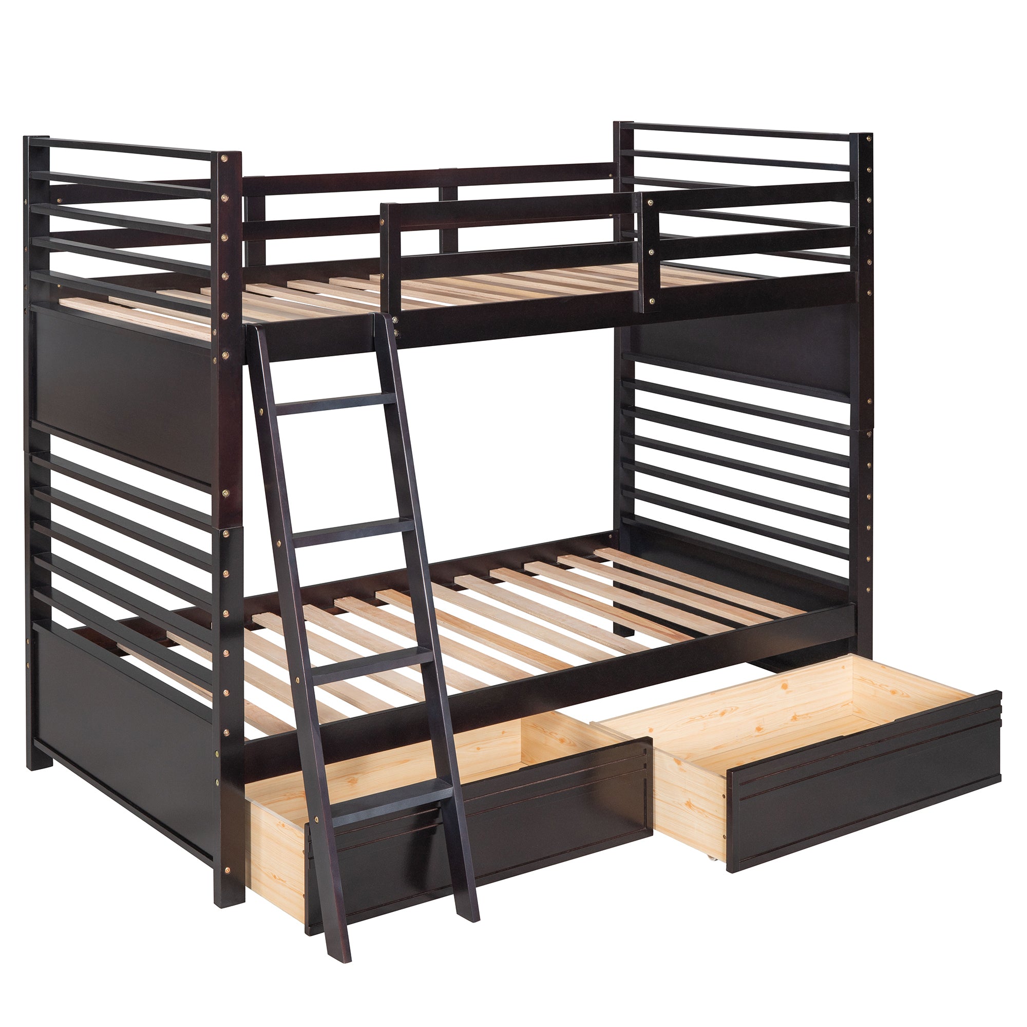 Twin over Twin Wood Bunk Bed with Two Drawers - Espresso·