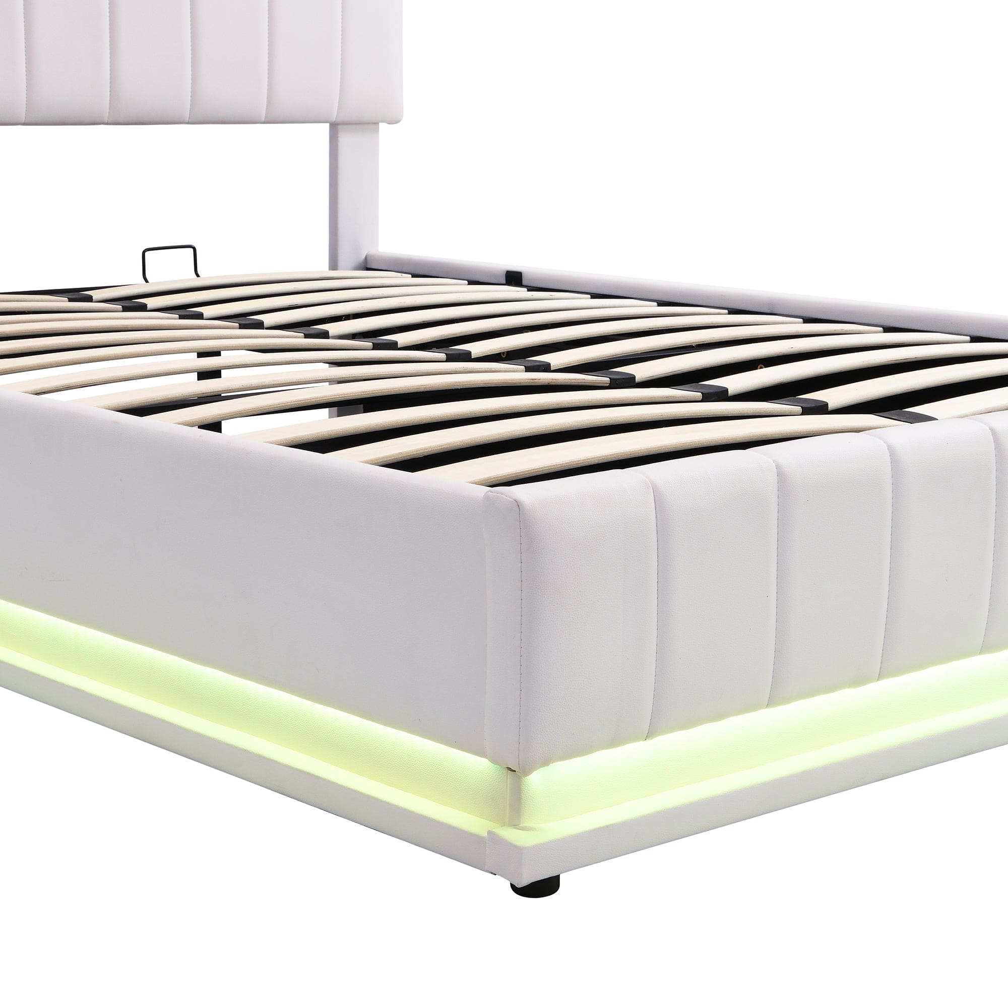 Full Size Upholstered Bed with Hydraulic Storage System and LED Light, Modern Platform Bed with Sockets and USB Ports, White