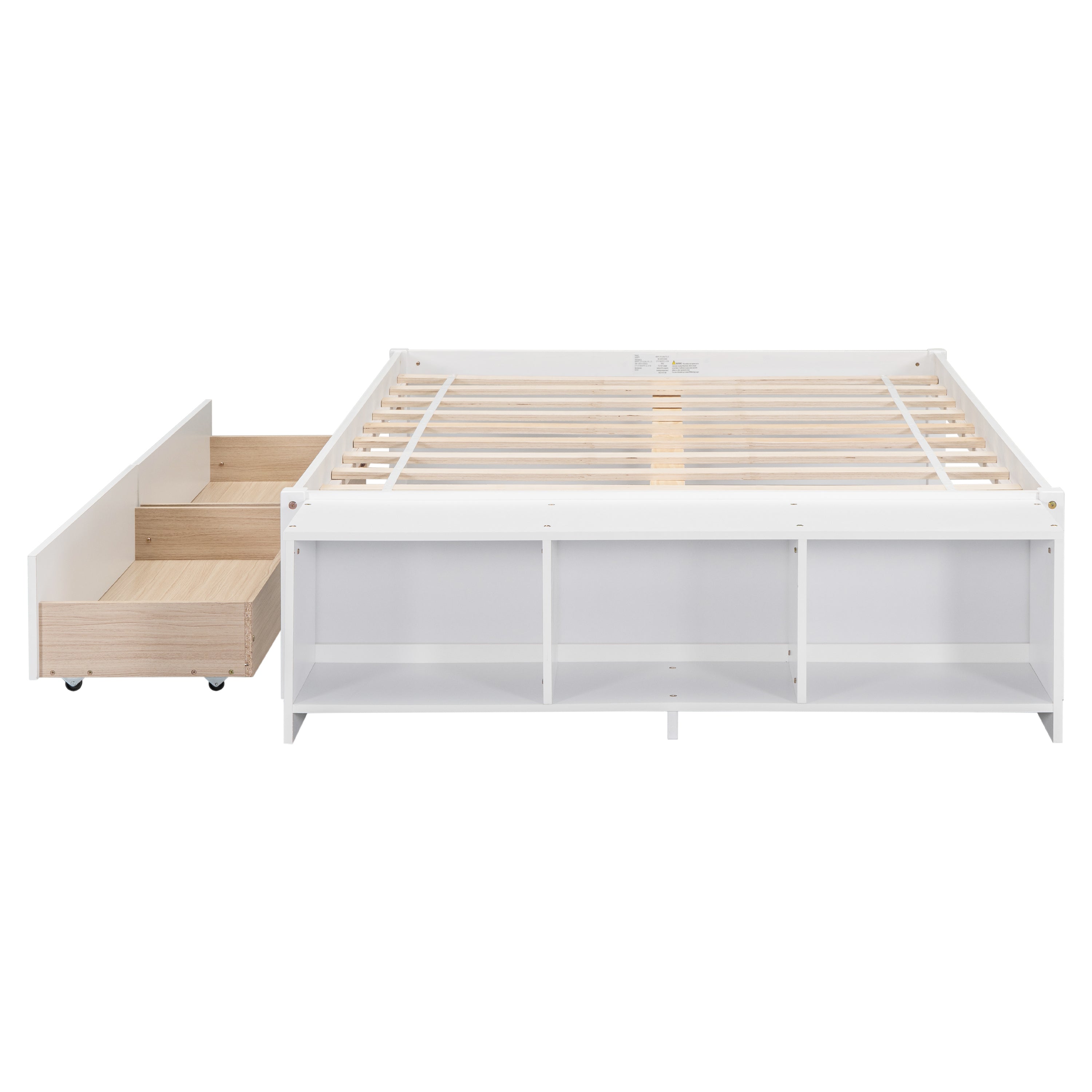 Full Size Bed with Storage Case, 2 Storage drawers, Lengthwise Support Slat,White