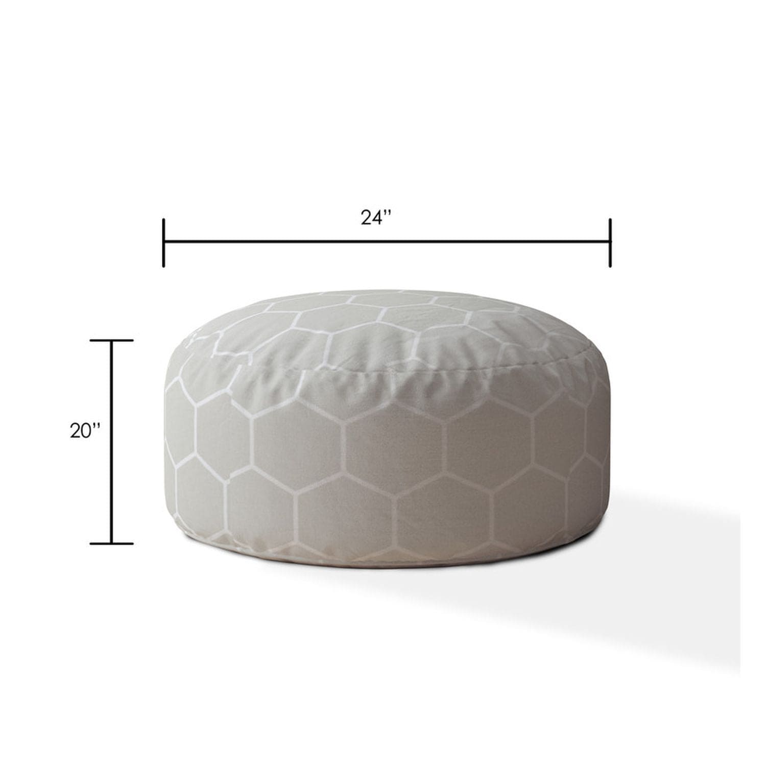 Indoor HONEYCOMB Light Grey Round Zipper Pouf - Stuffed - Extra Beads Included! - 24in dia x 20in tall