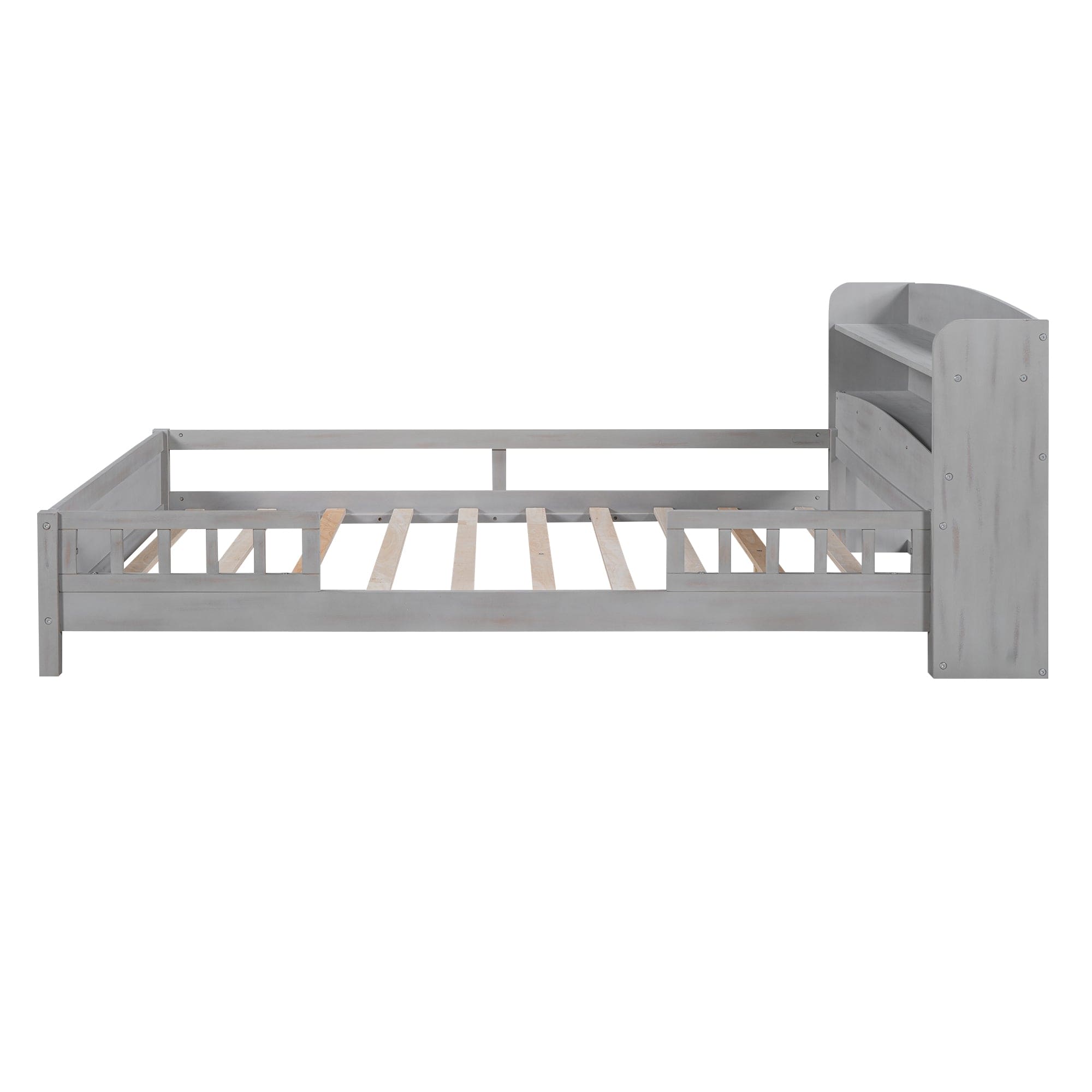 Wood Full Size Platform Bed with Built-in LED Light, Storage Headboard and Guardrail, Antique Grey