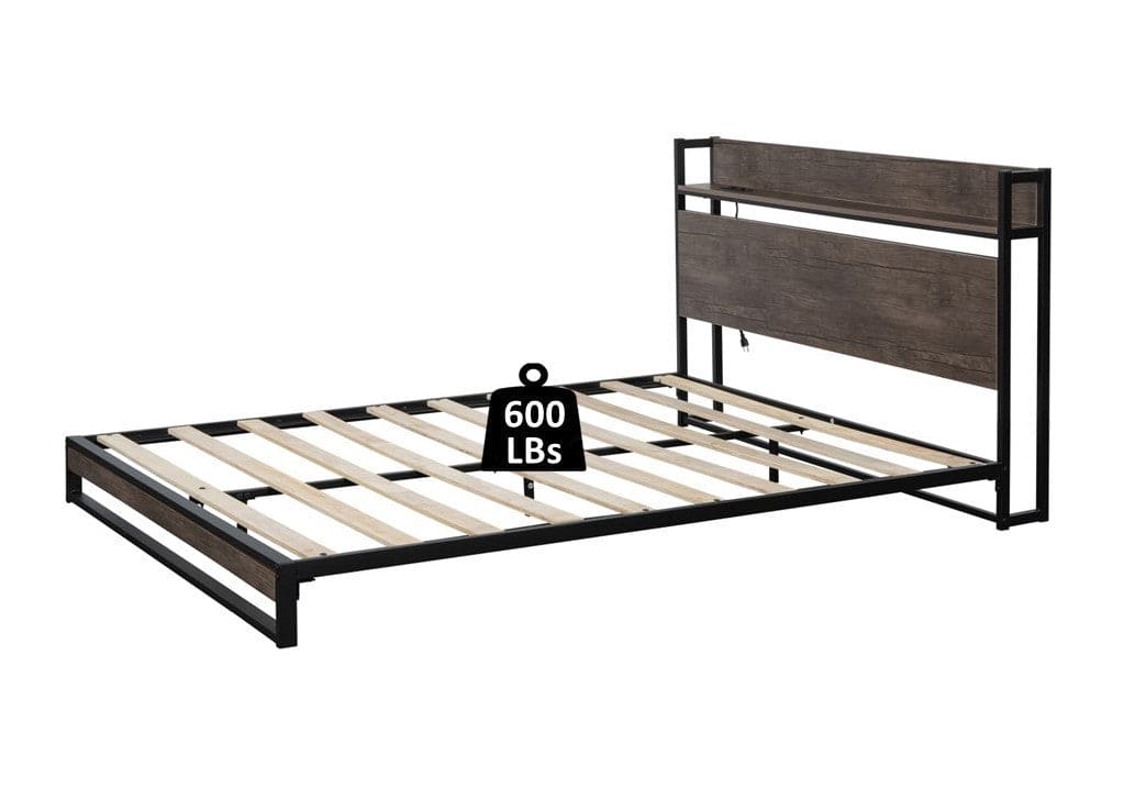 Platform Queen Bed with Socket, Fast Assemble Design