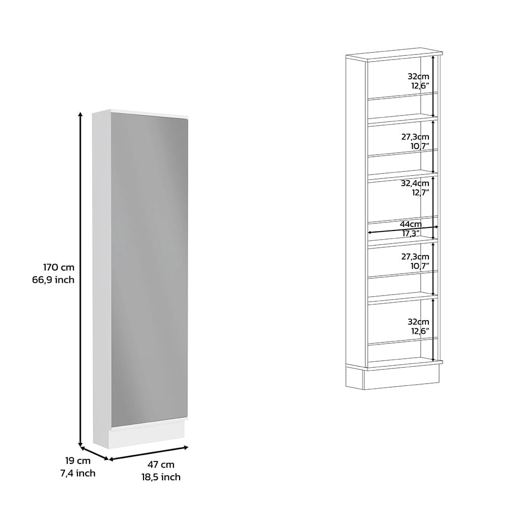 Shoe Rack Chimg, Mirror, Five Interior Shelves, Single Door Cabinet, White Finish