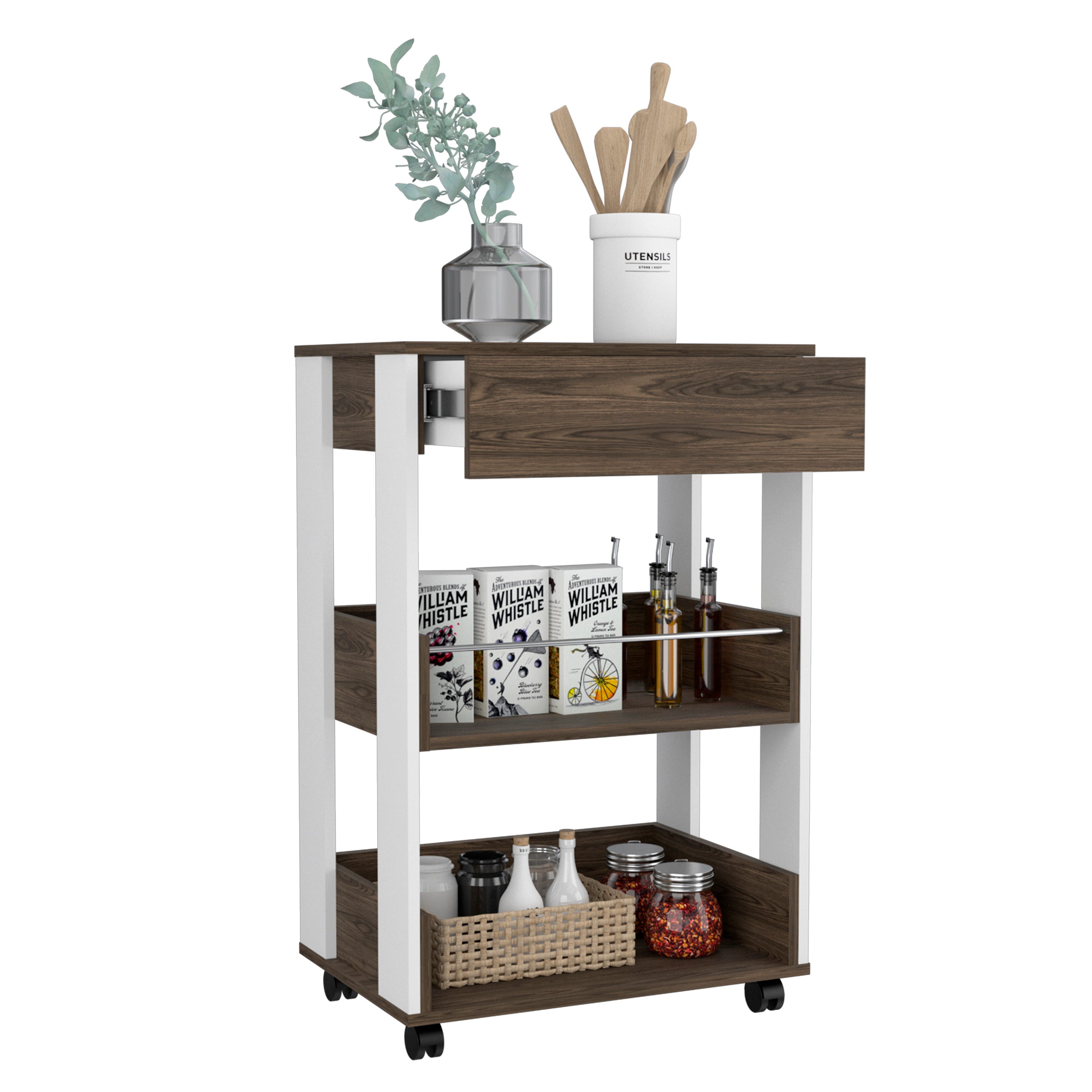 Kitchen Cart Coron with Drawer, Three-Tier Shelves and Casters, White / Dark Walnut Finish