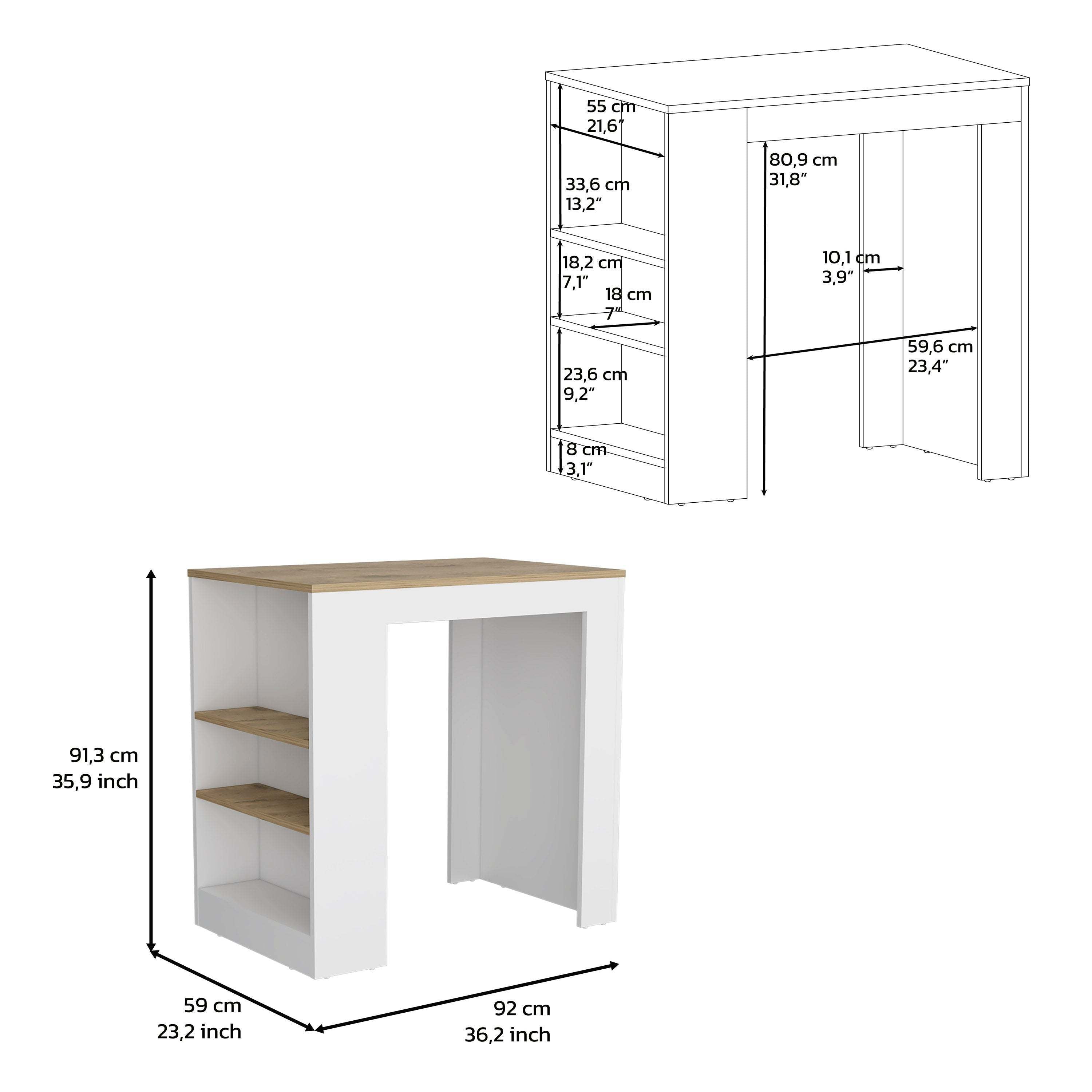 DEPOT E-SHOP Lacour Kitchen Island, Kitchen Bar Table with 3-Side Shelves, White / Macadamia