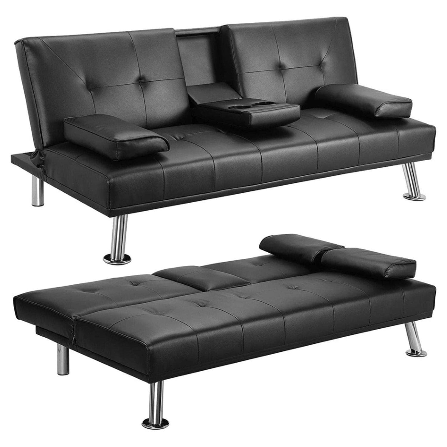 MEGA Futon Sofa Bed, Modern Faux Leather Convertible Folding Lounge Sofa for Living Room with 2 Cup Holders Removable Soft Armrests and Sturdy Metal Legs, Charming Black.