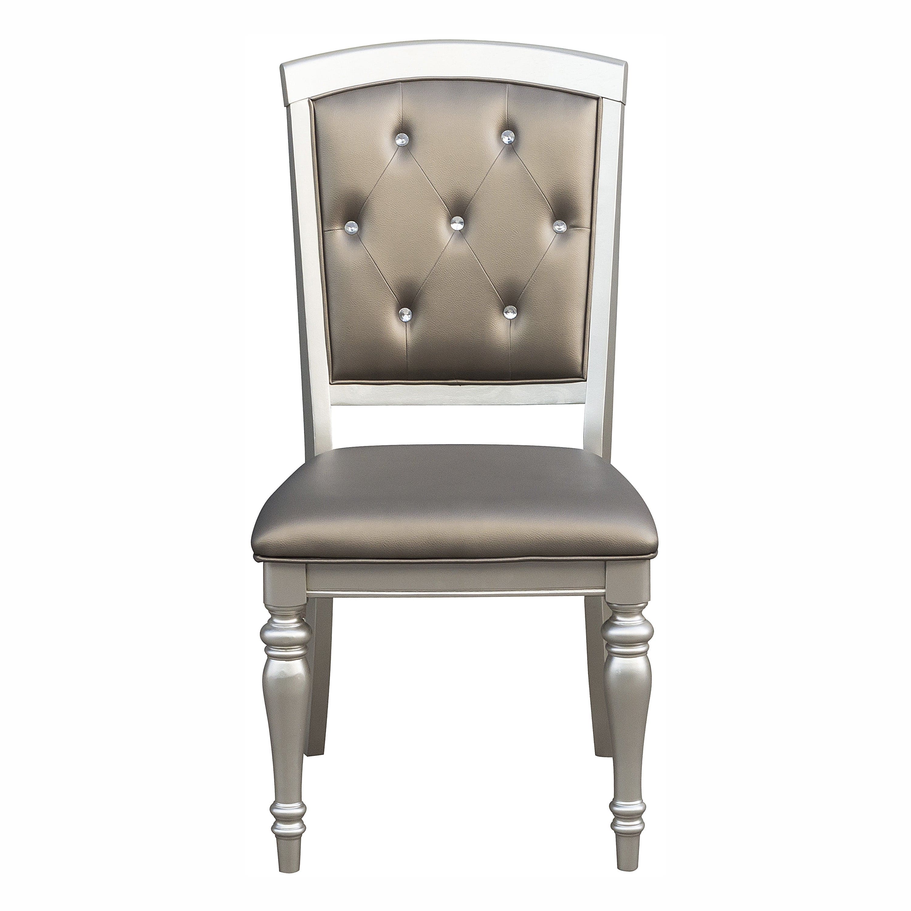 Glamorous 2pc Set Wooden Side Chairs Silver Finish Crystal Button Tufted Faux Leather Upholstered Dining Chairs