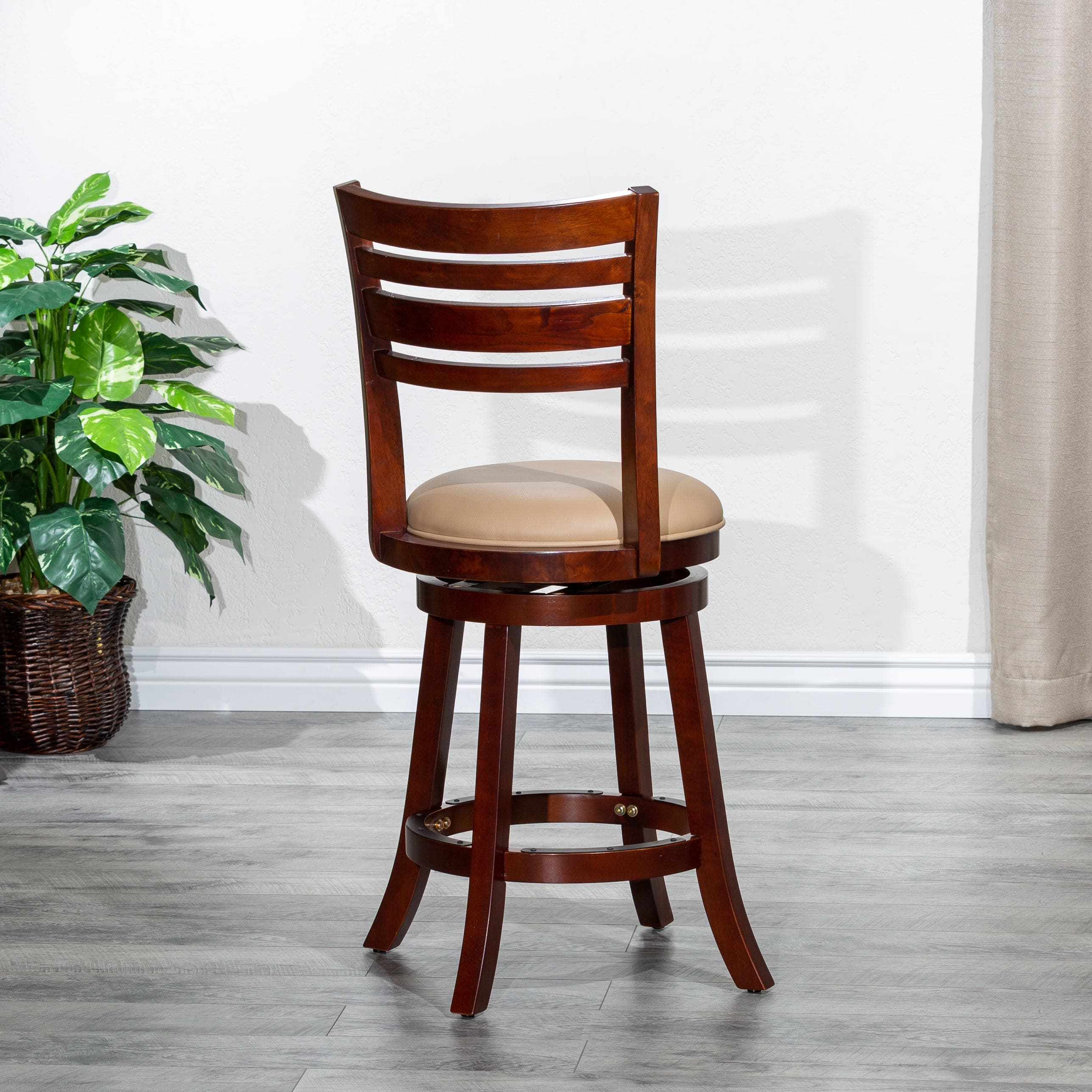 24" Counter Height Slat Back Swivel Stool, Cherry Finish, Bone Leather Seat