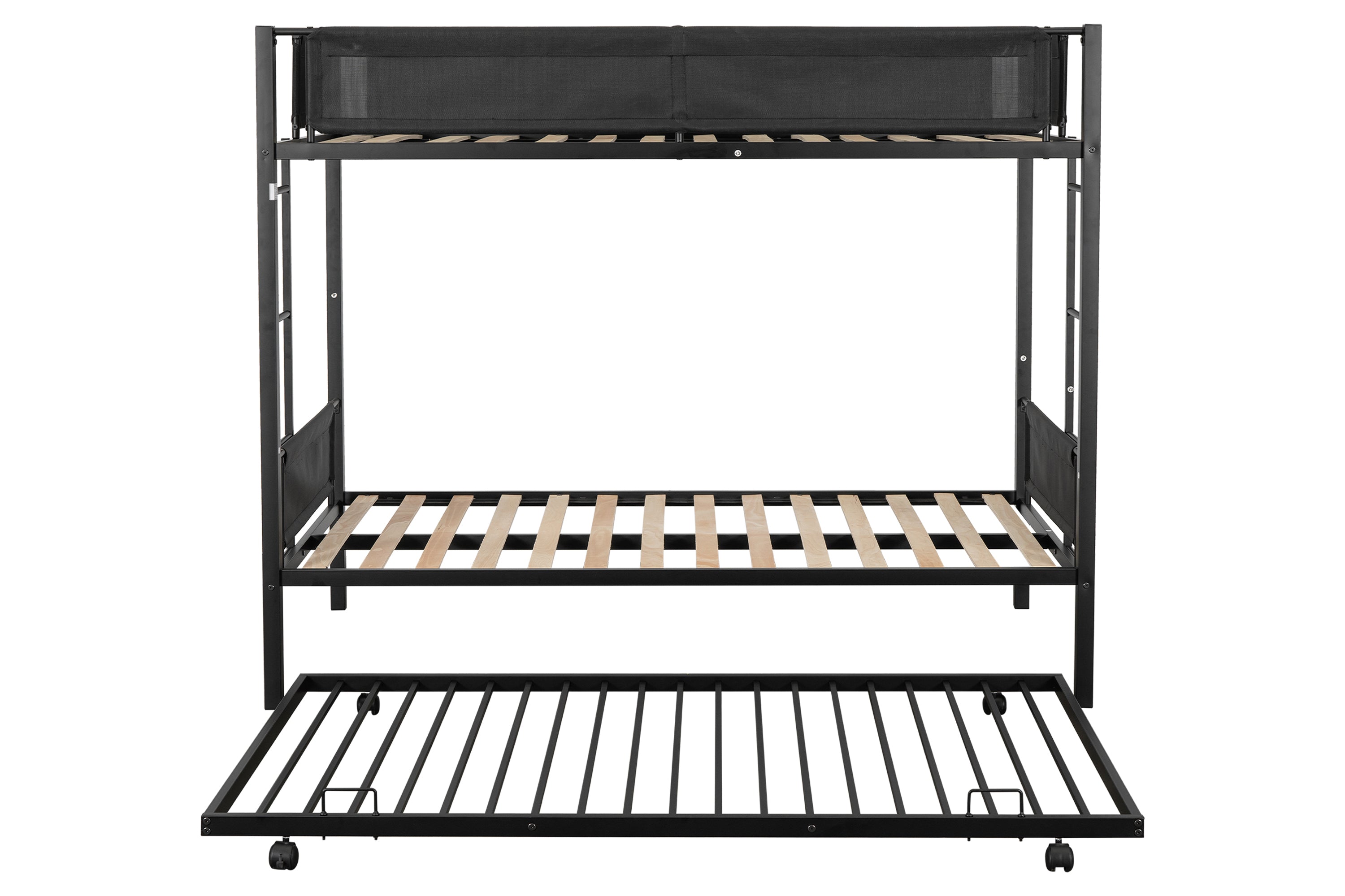 Metal Twin over twin bunk bed with Trundle/ Sturdy Metal Frame/ Noise-Free Wood Slats/ Comfortable Textilene Guardrail/ 2 side Ladders/ Space-Saving Trundle/ Bunk Bed for Three/ No Box Spring Needed