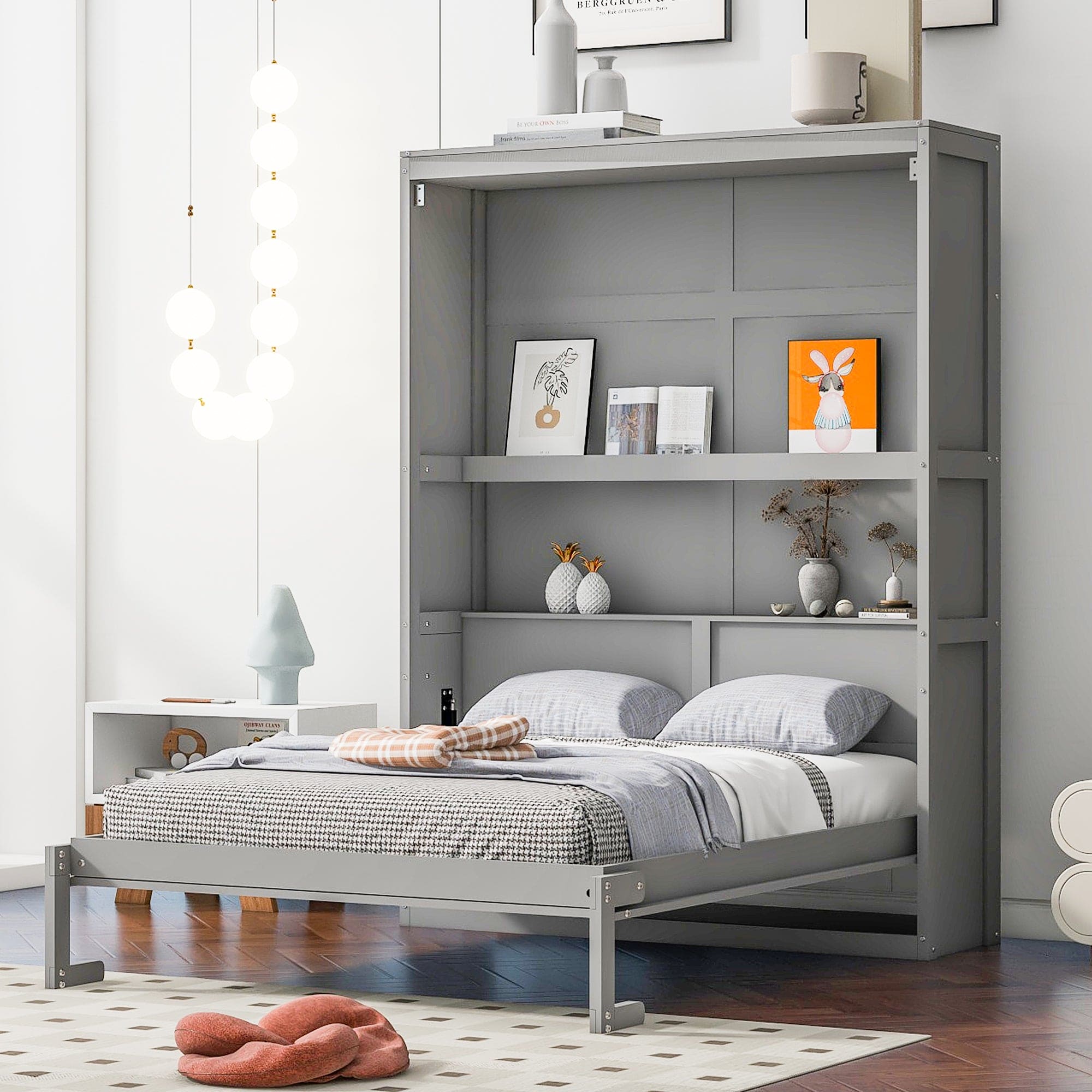 Full Size Murphy Bed Wall Bed with Shelves,Gray