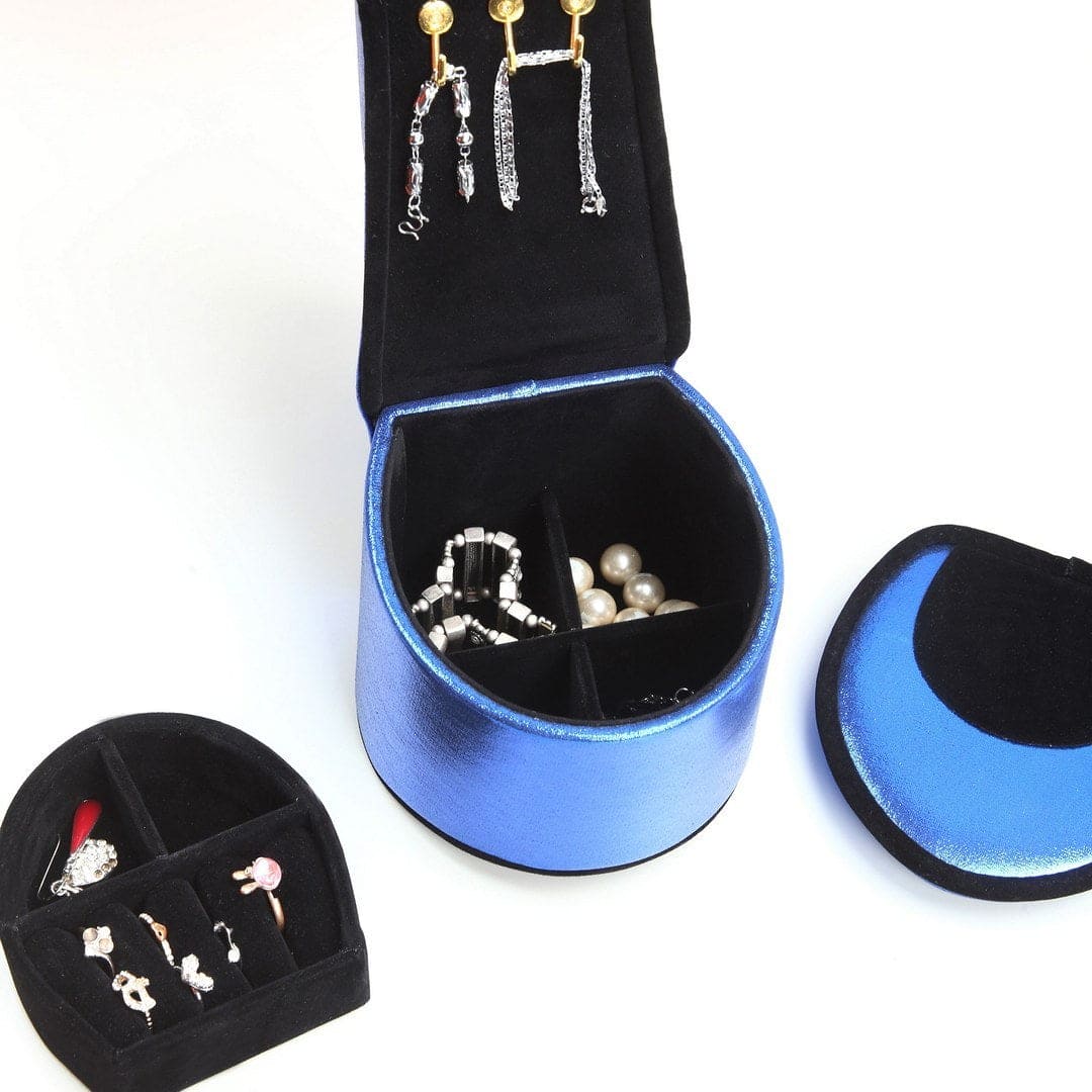 9" Tall Display Jewelry Box with Hooks, High Heel Shoe Design, Blue Velvet