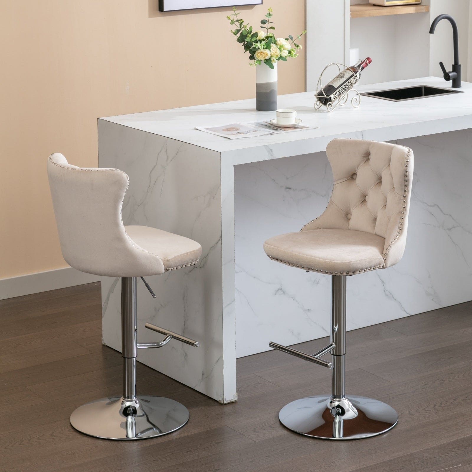 Swivel Velvet Barstools  Beige,Set of 2