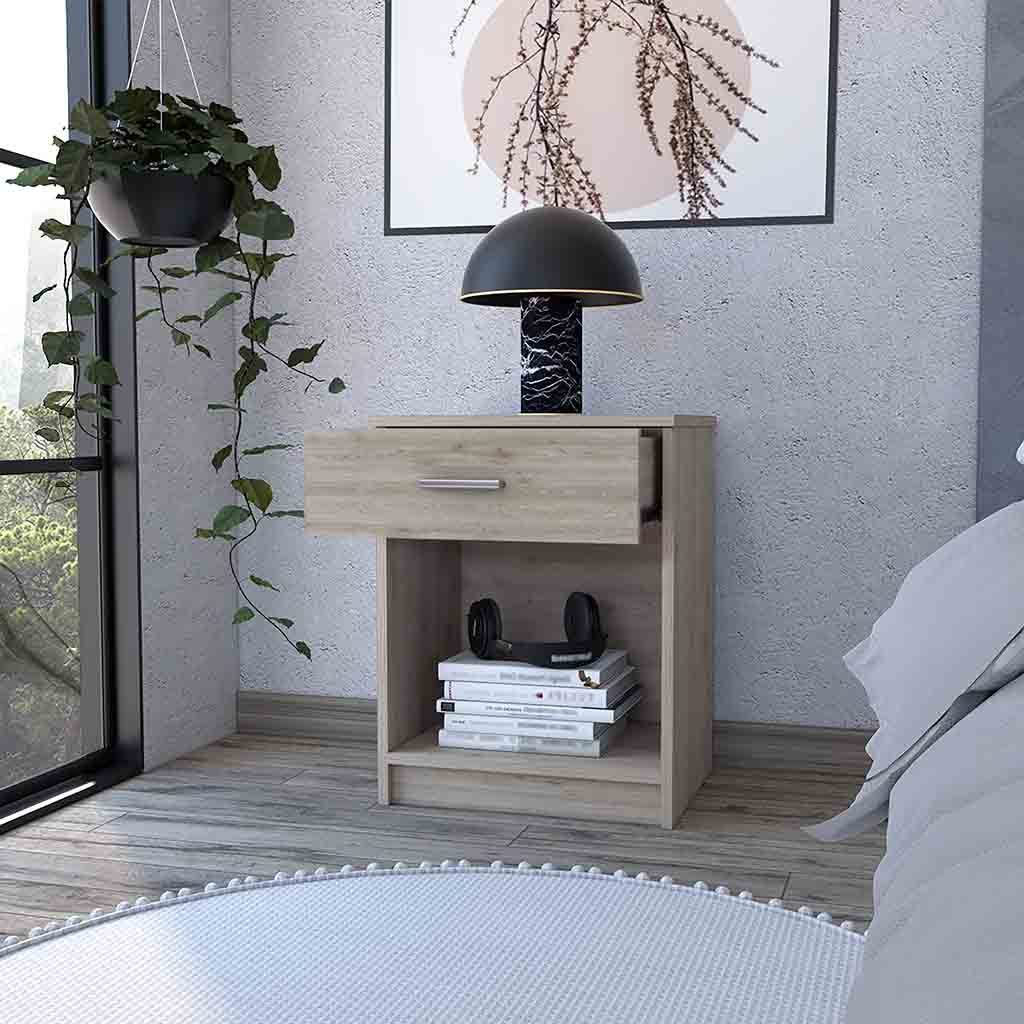 Nightstand Coco, Single Drawer, Lower Shelf, Light Gray Finish