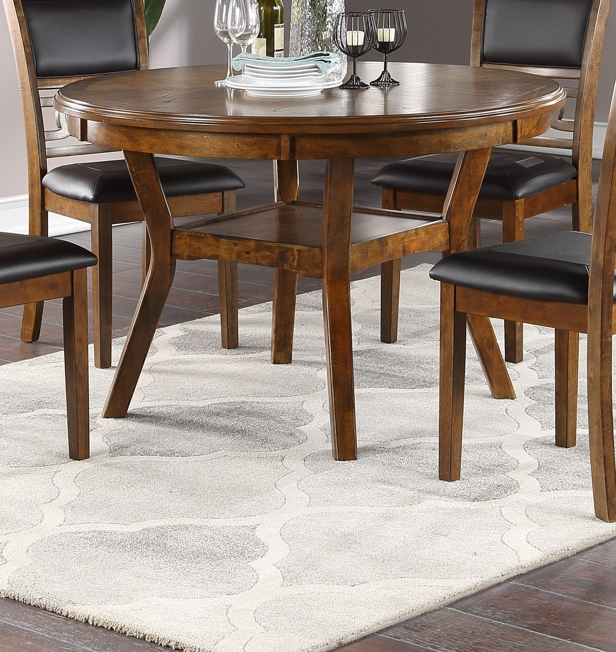 Contemporary Dining 5pc Set Round Table w 4x Side Chairs Walnut Finish Rubberwood Unique Design