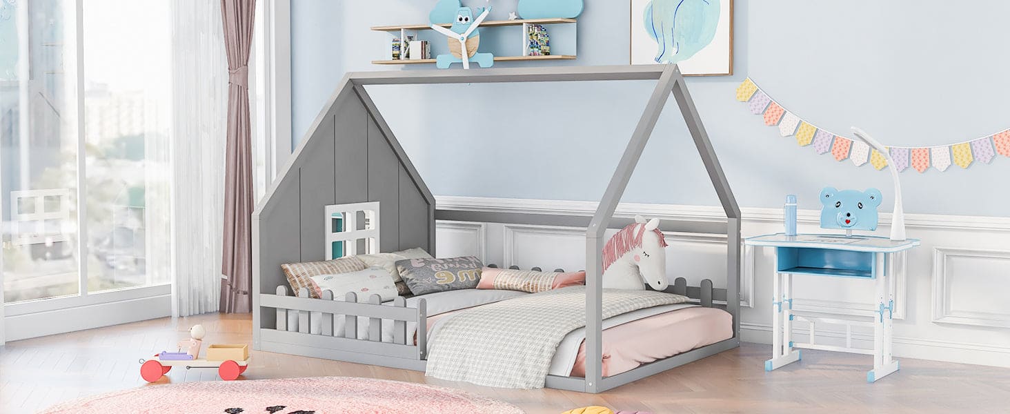 Full Size Wood House Bed with Window and Fence, Gray